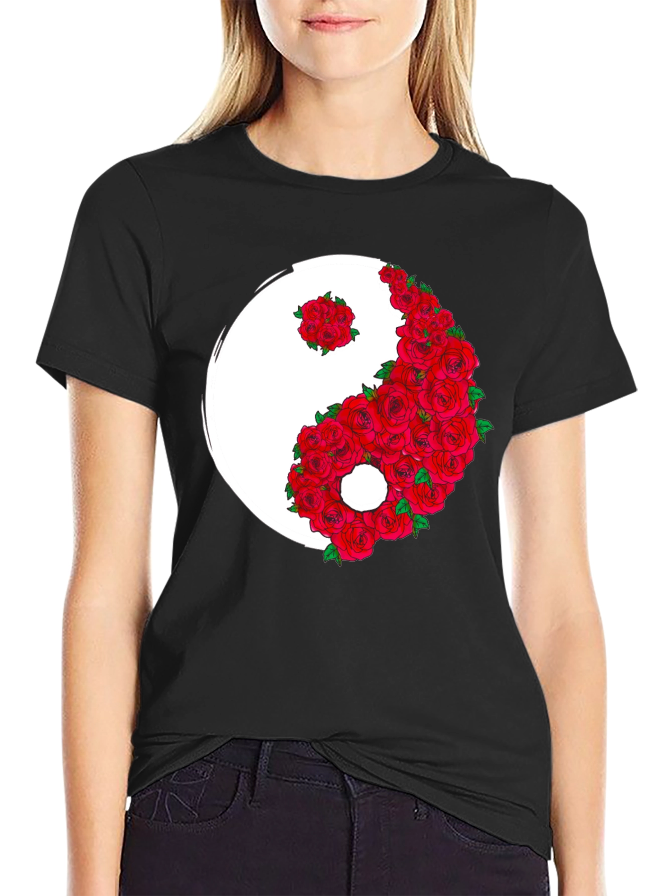 Black Yin Yang Rose Graphic T-Shirt view 2