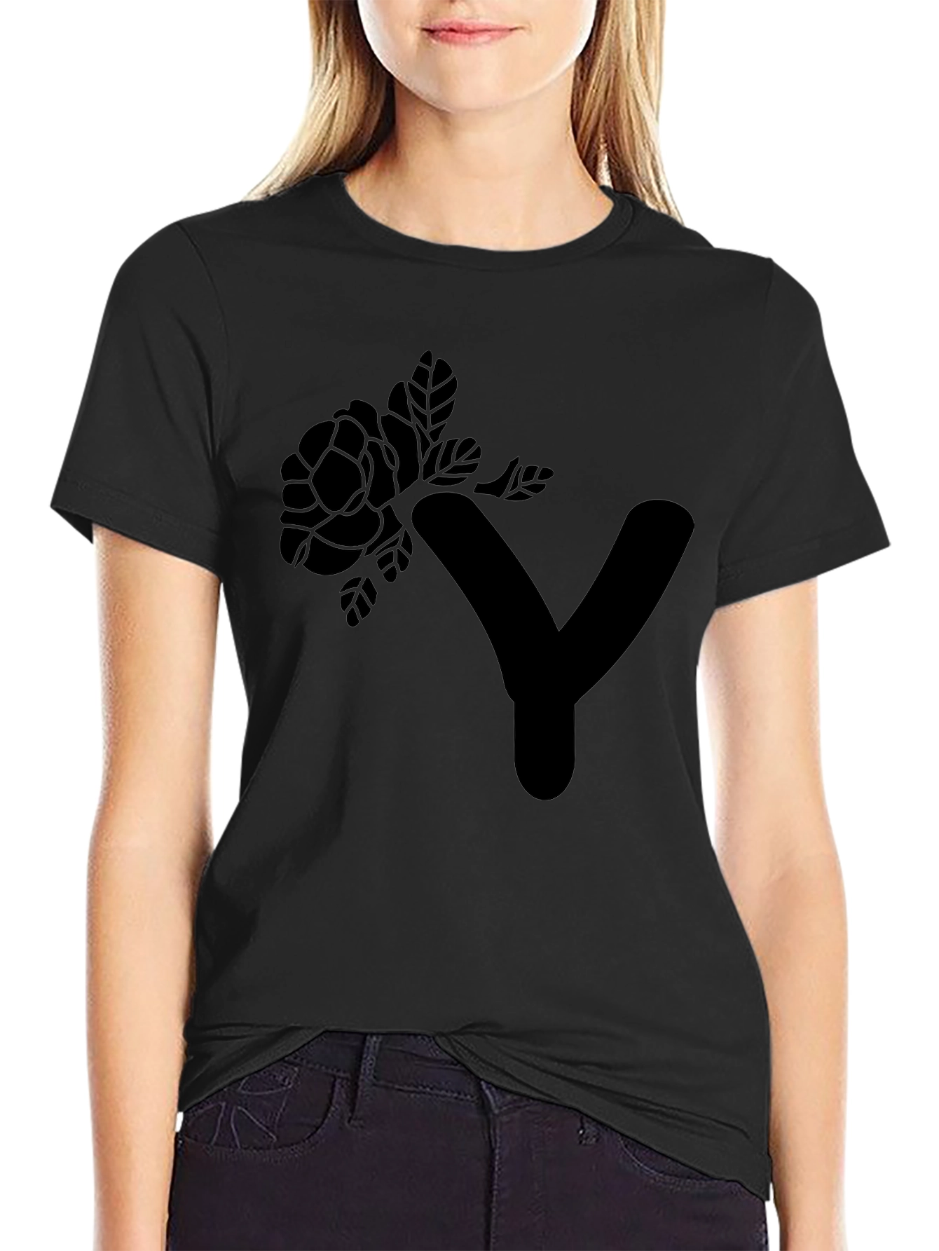 Black Floral Y Graphic Tee - Modern Black Cotton T-Shirt view 2