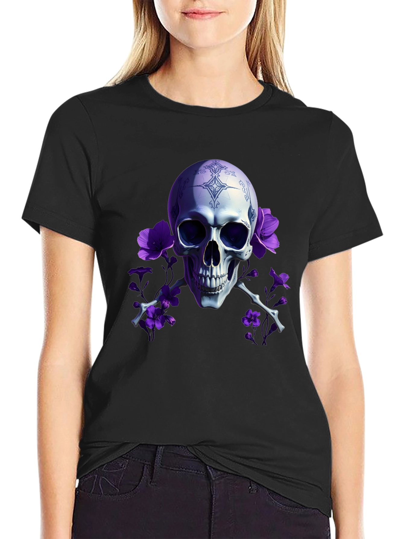 Black Skull & Flowers Graphic Tee view 2