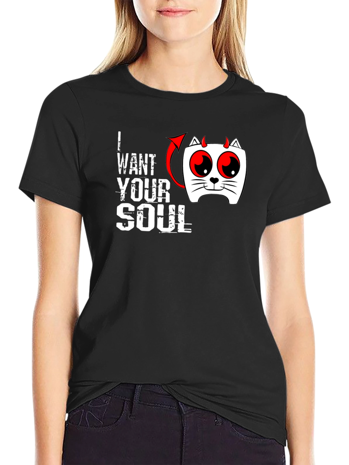 I Want Your Soul Cat Devil Graphic Black T-Shirt - 2
