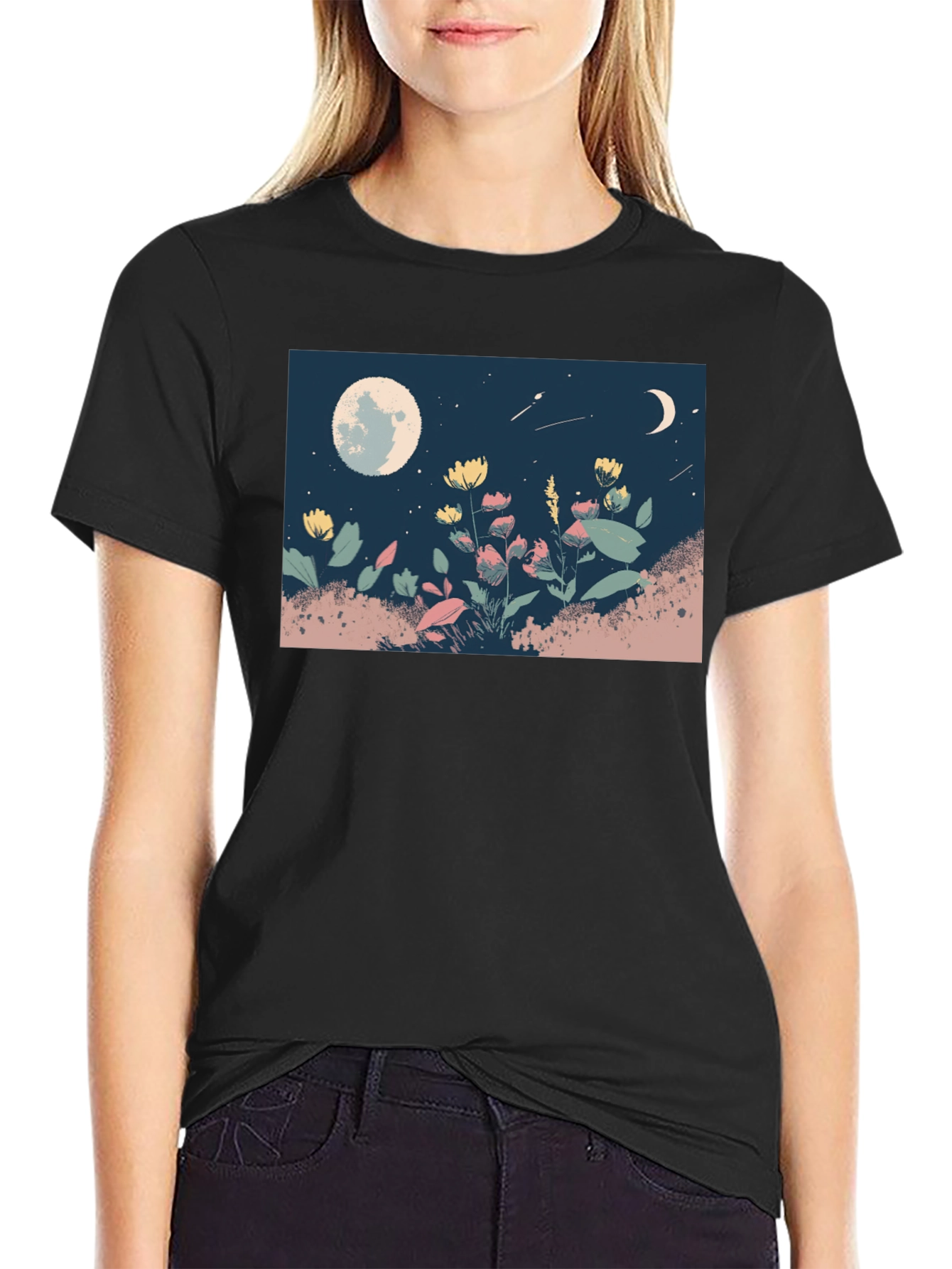 Moonlit Meadow Graphic Tee - Black Casual Shirt - 2