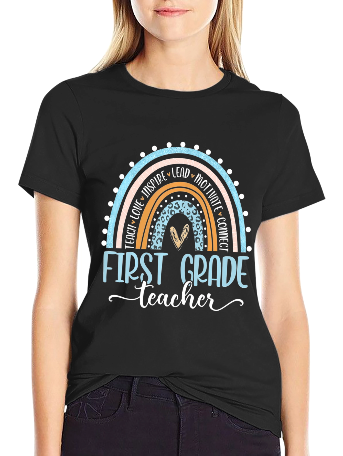 Black First Grade Teacher Rainbow T-Shirt view 2
