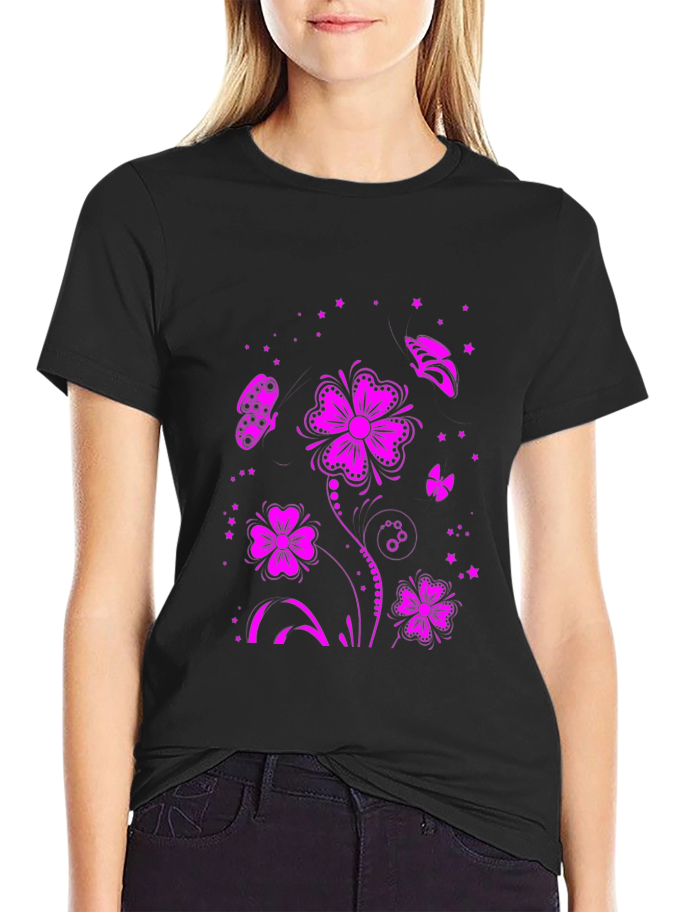 Black Floral Butterfly Graphic Tee - Black view 2