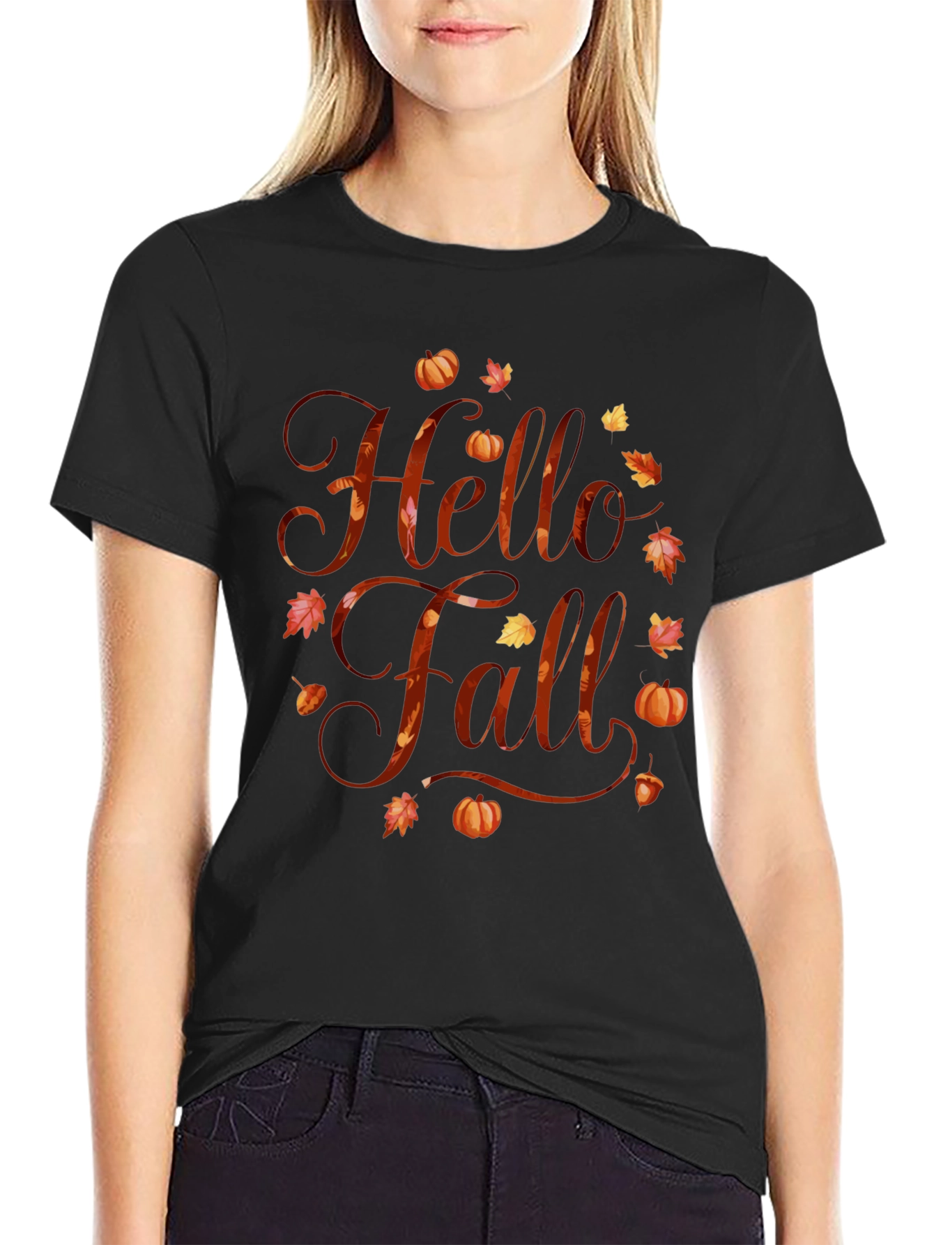 Black Hello Fall Graphic Tee - Autumn Season Shirt view 2