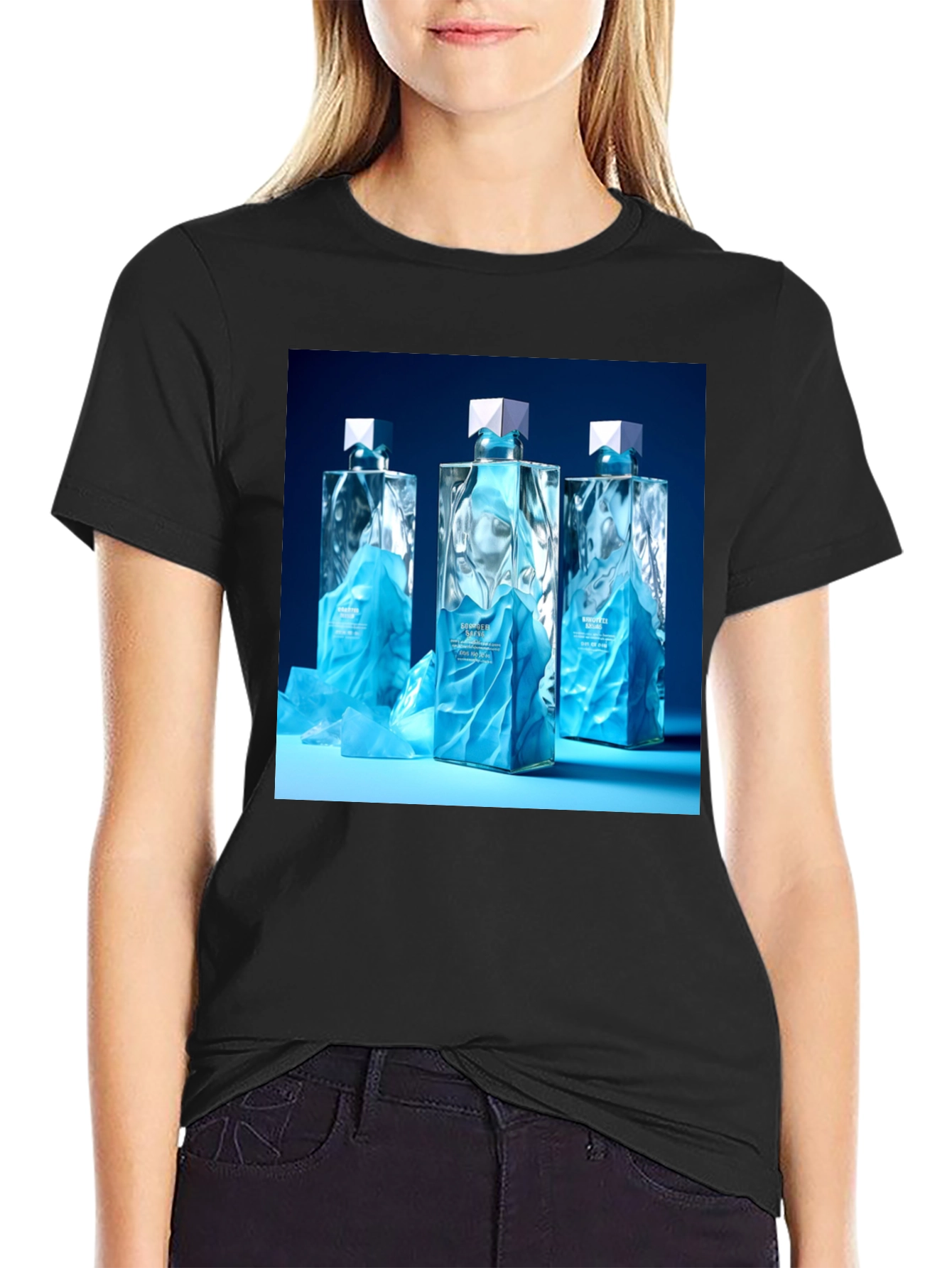Black Modern Graphic Tee with Designer Perfume Bottles view 2