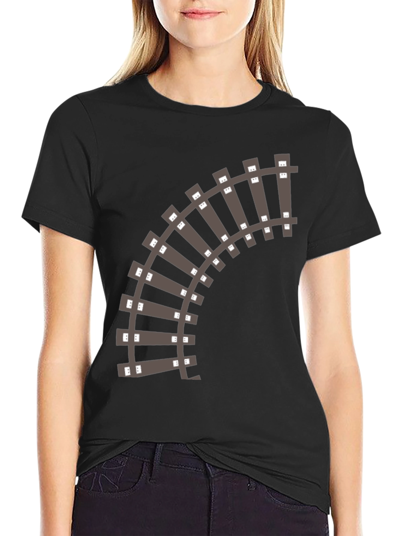 Black Railroad Track Graphic T-Shirt - Black Cotton Tee view 2