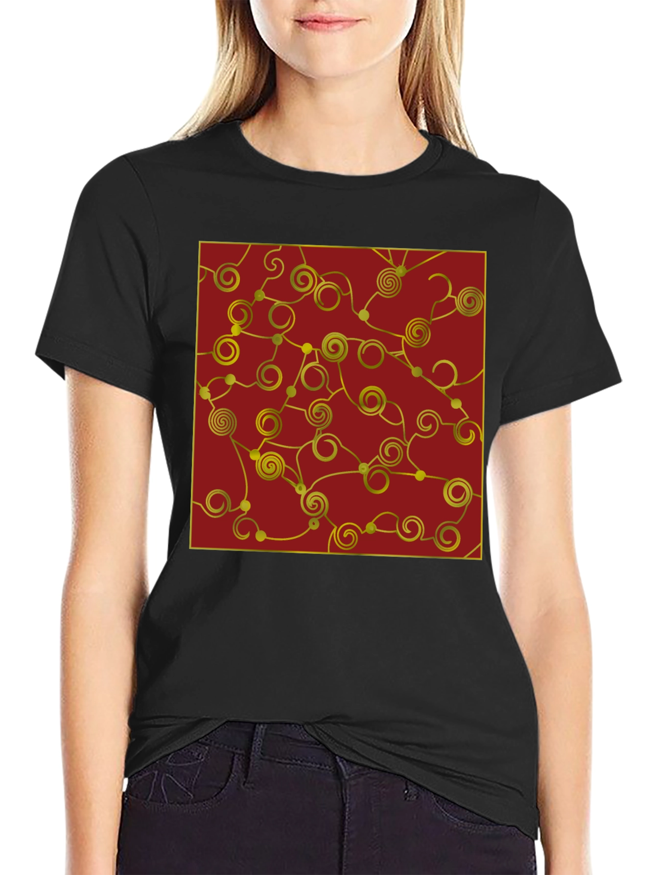 Black Stylish Black T-Shirt with Gold Swirl Graphic view 2