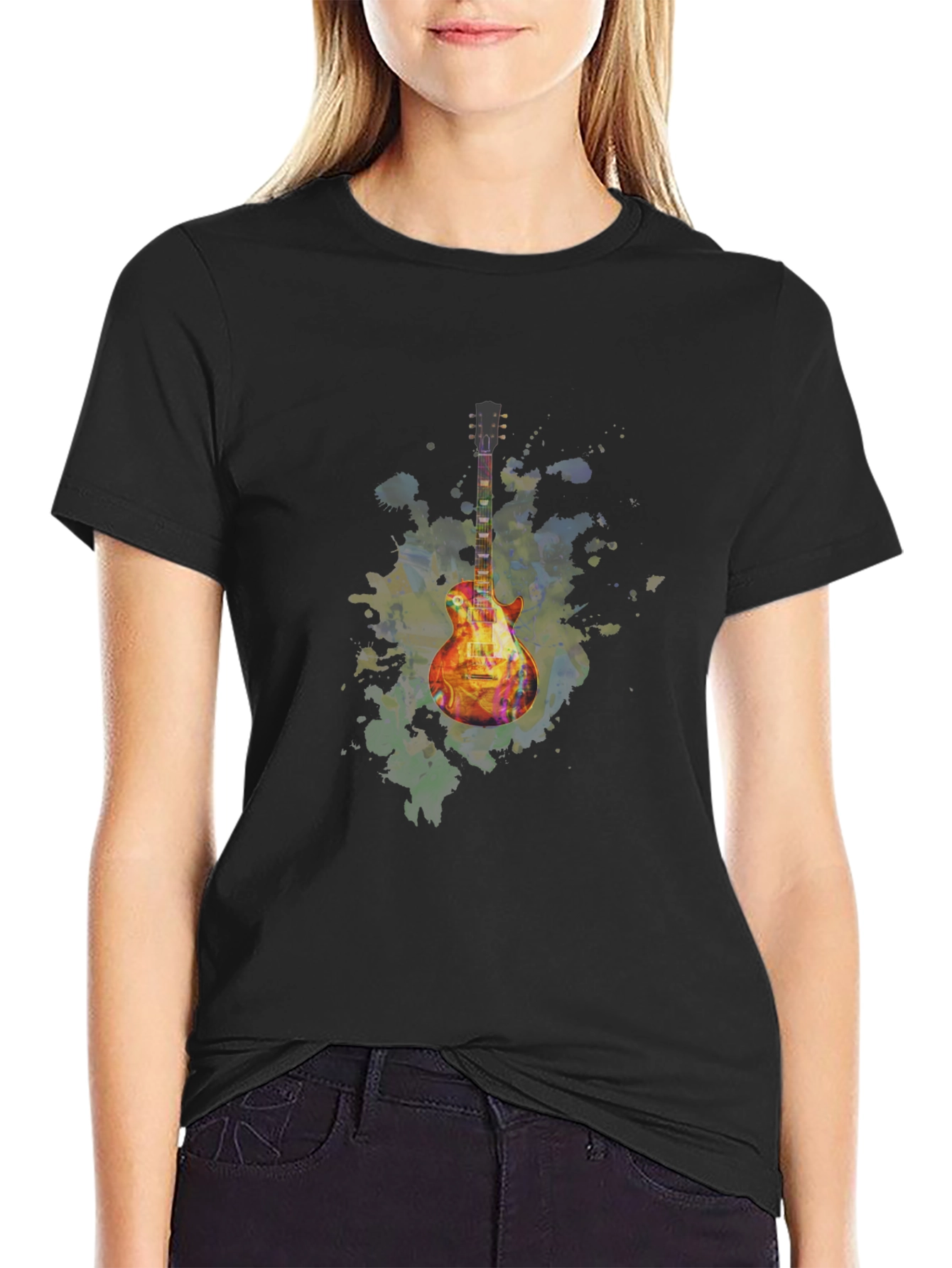Black Electric Guitar Watercolor Graphic Tee view 2