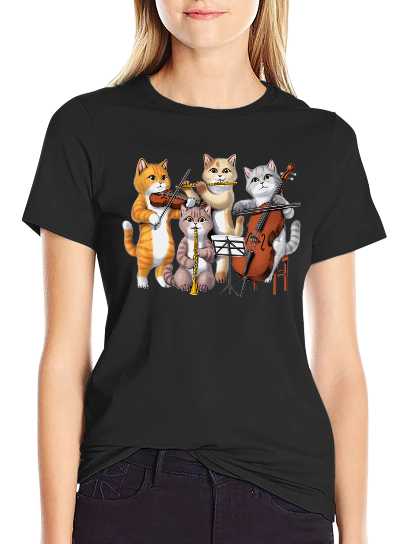 Black Cat Orchestra T-Shirt: Musical Felines Tee view 2