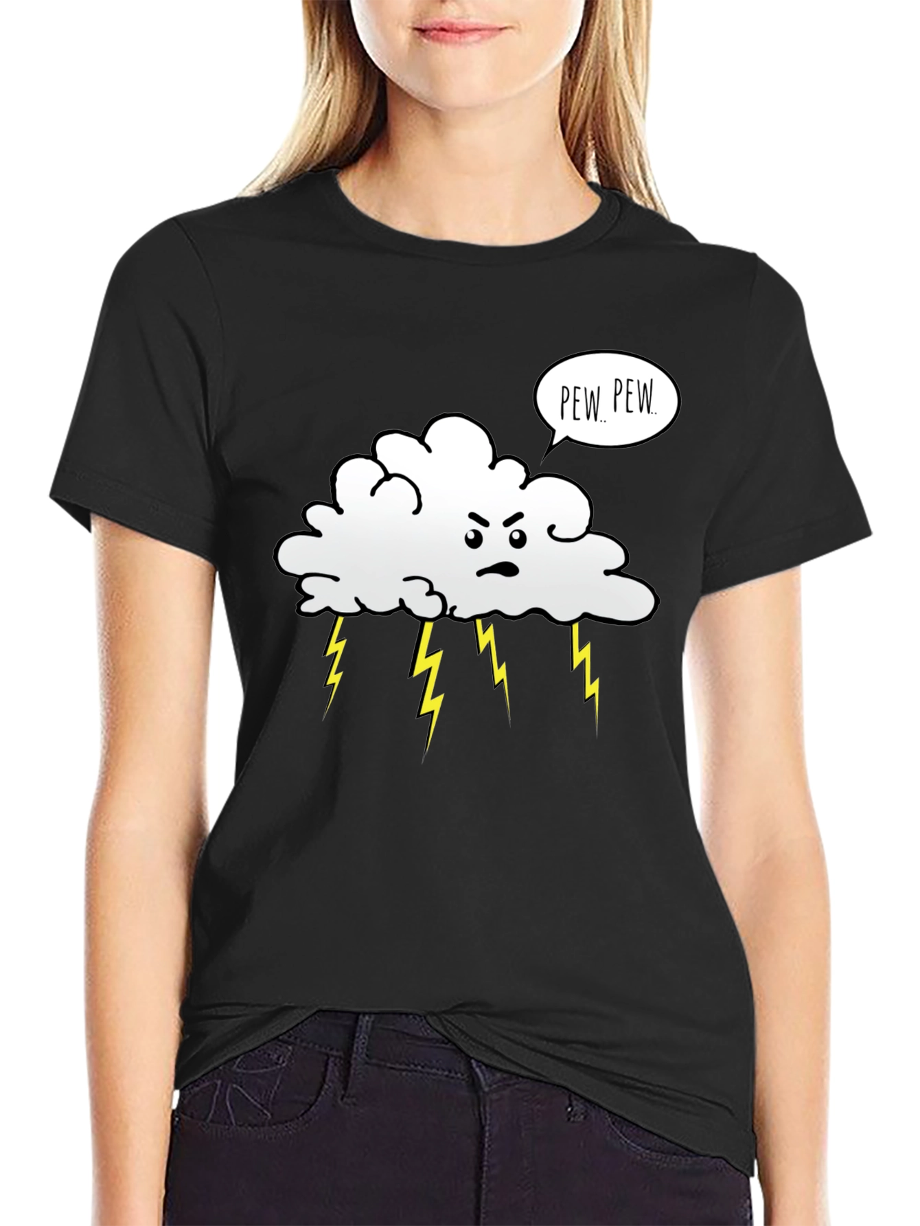 Black Angry Cloud Pew Pew Black Graphic T-Shirt view 2