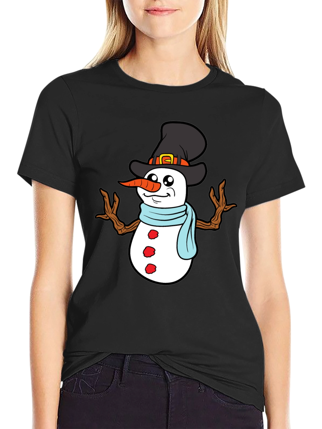 Black Snowman Graphic Tee - Festive Winter Holiday Shirt view 2