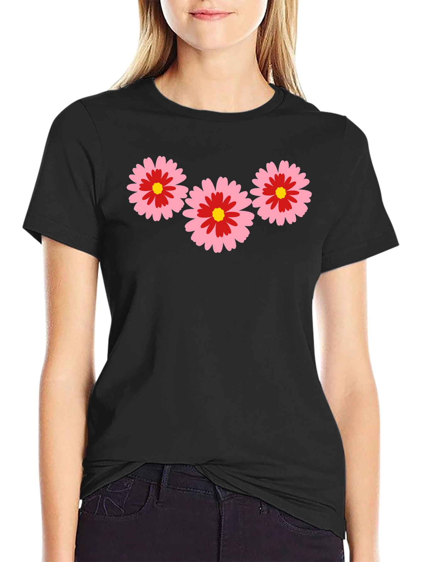 Black Black T-Shirt with Pink Flower Design view 2