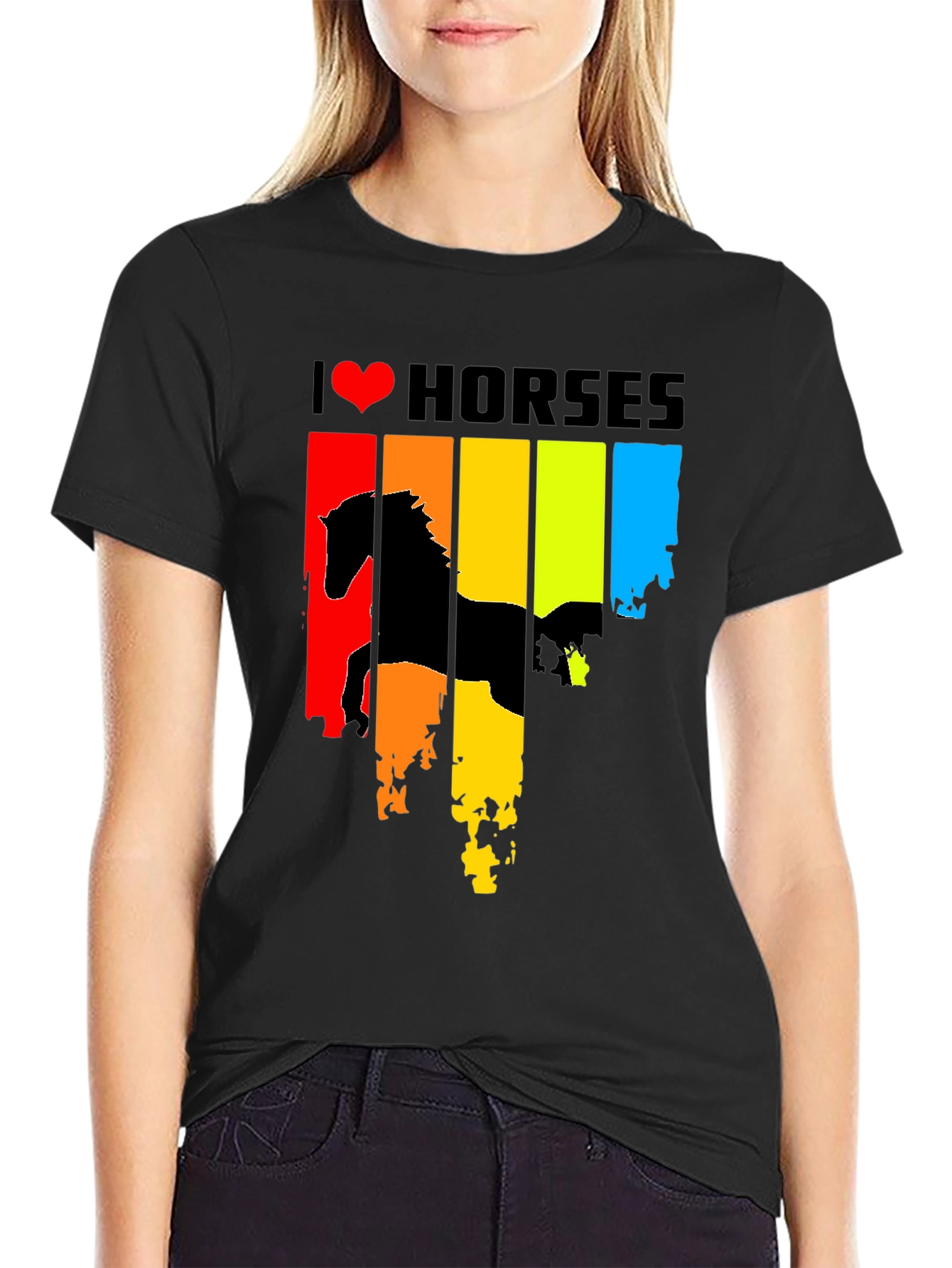 Black I Heart Horses Graphic Tee - Rainbow Horse Design view 2