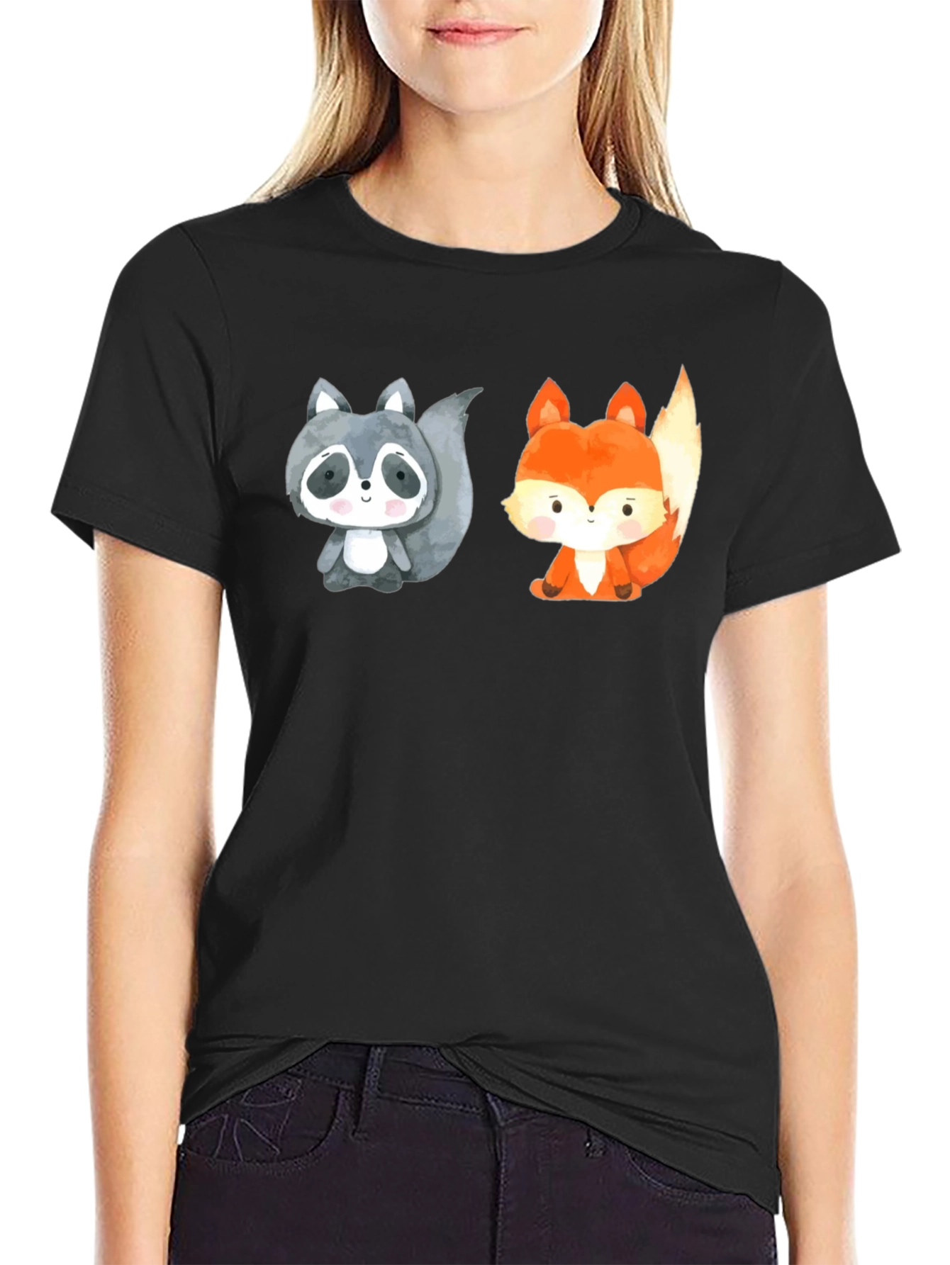 Black Cute Cartoon Animal Tee: Raccoon & Fox Black Shirt view 2