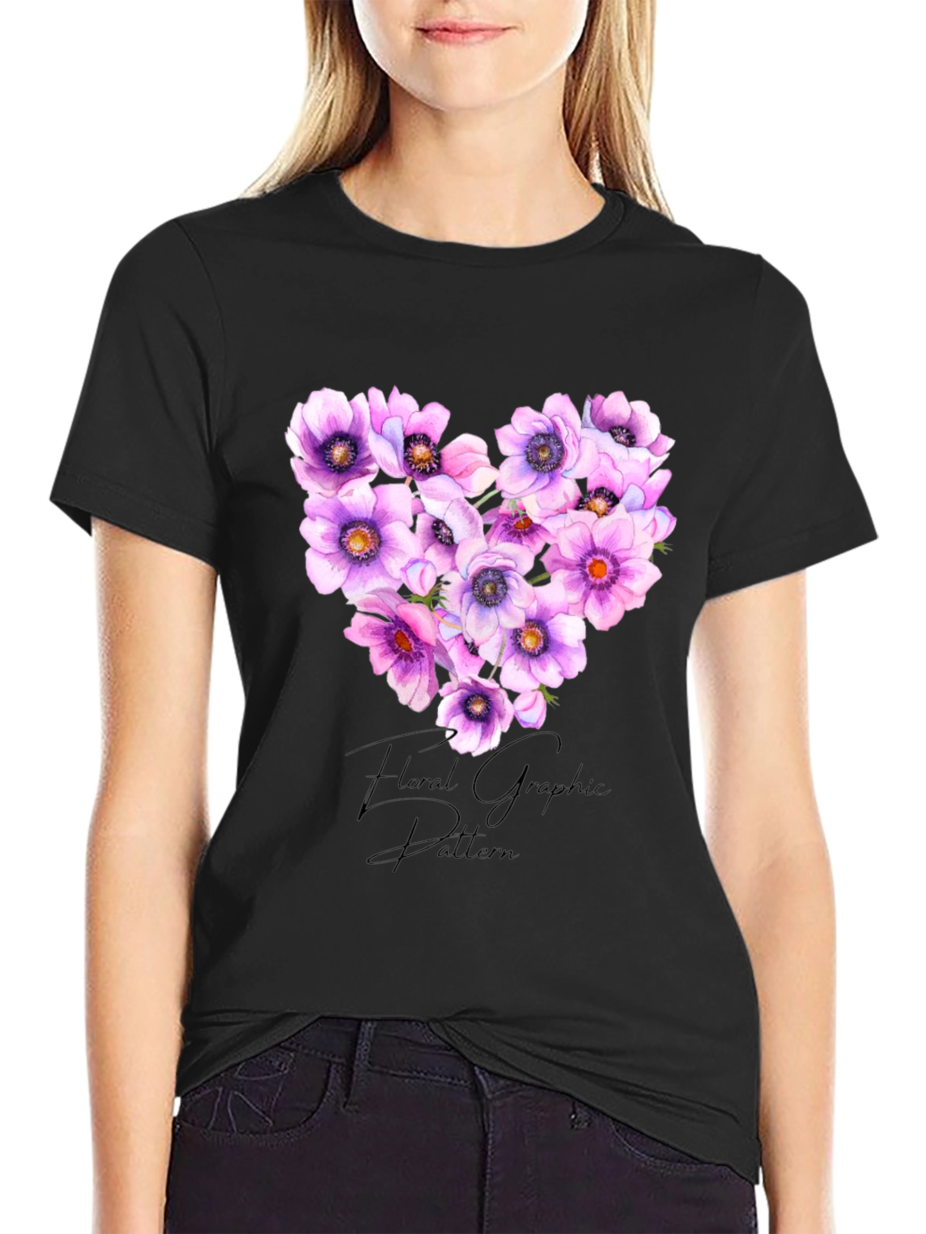 Black Floral Heart Graphic Black T-Shirt view 2