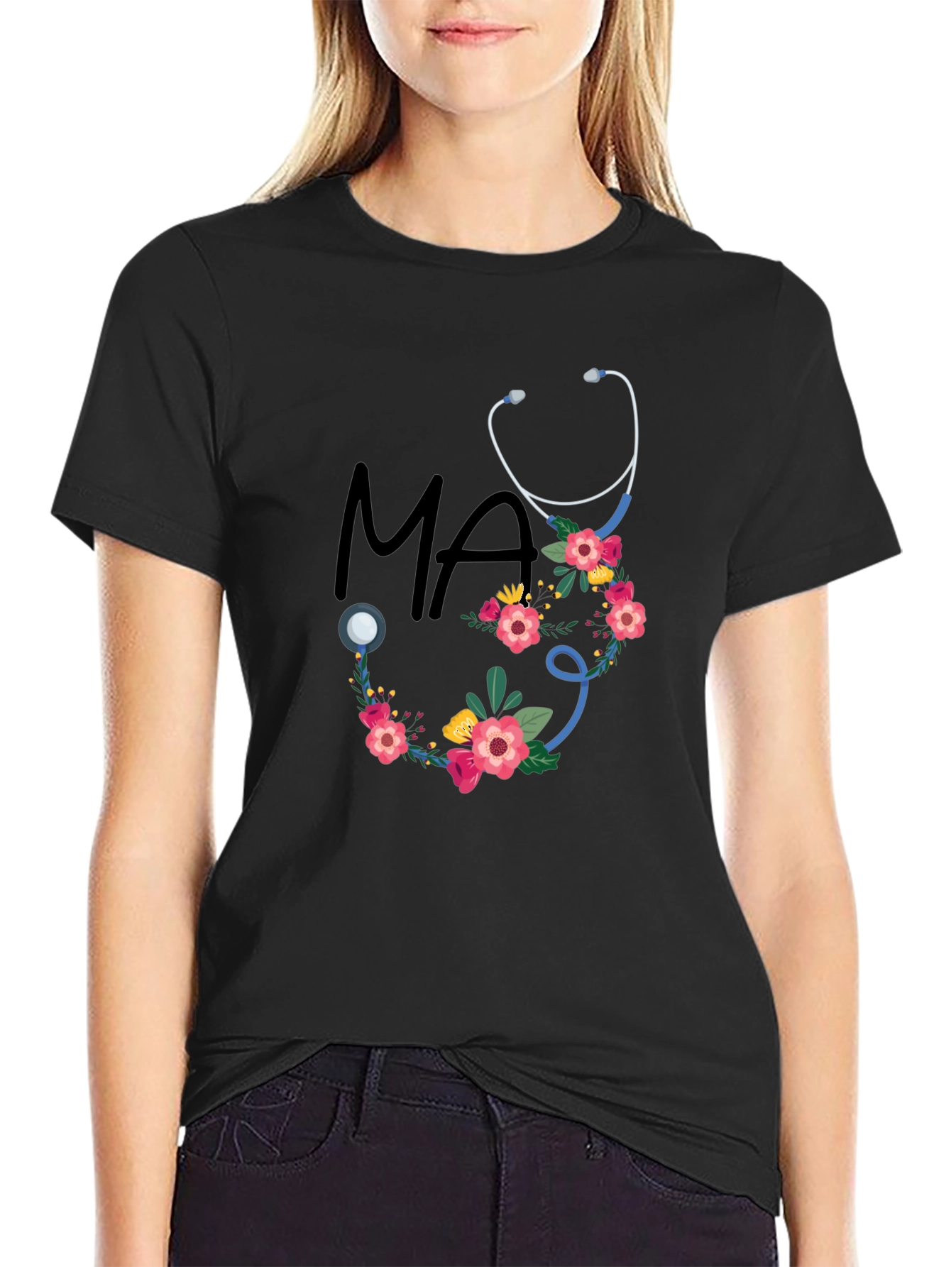 Black Floral Stethoscope MA T-Shirt - Medical Assistant Style view 2