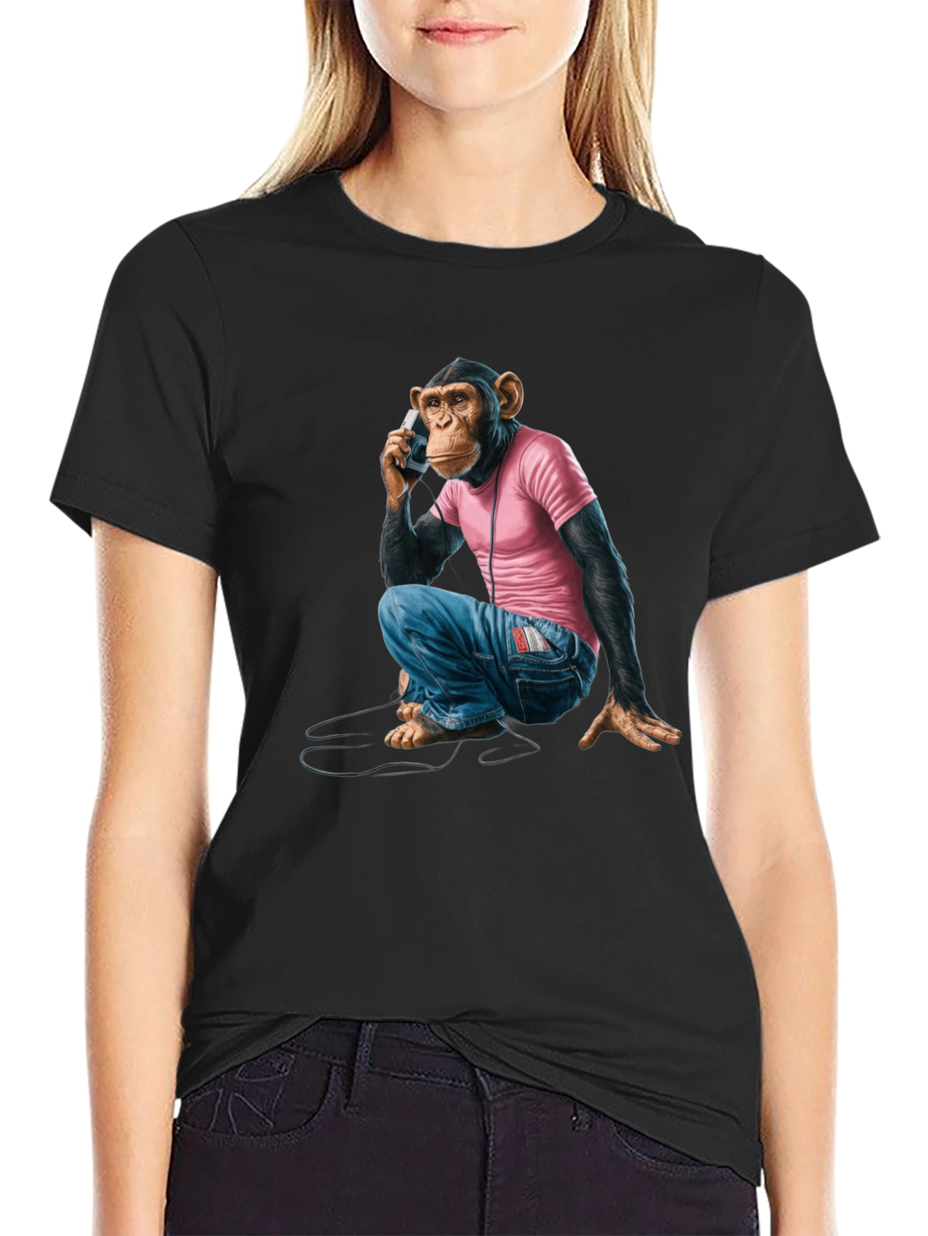 Black Monkey on Phone Graphic Tee - Quirky & Unique Design view 2