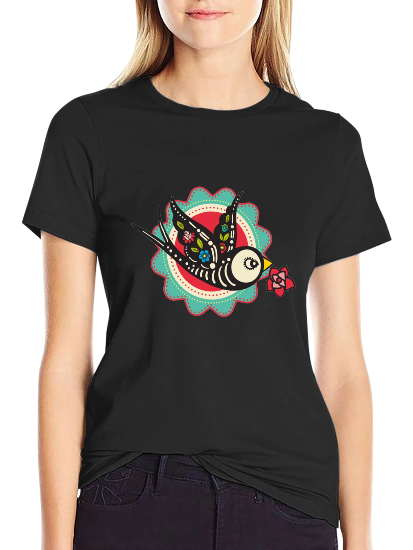 Black Day of the Dead Bird Graphic Tee - Black Cotton T-Shirt view 2