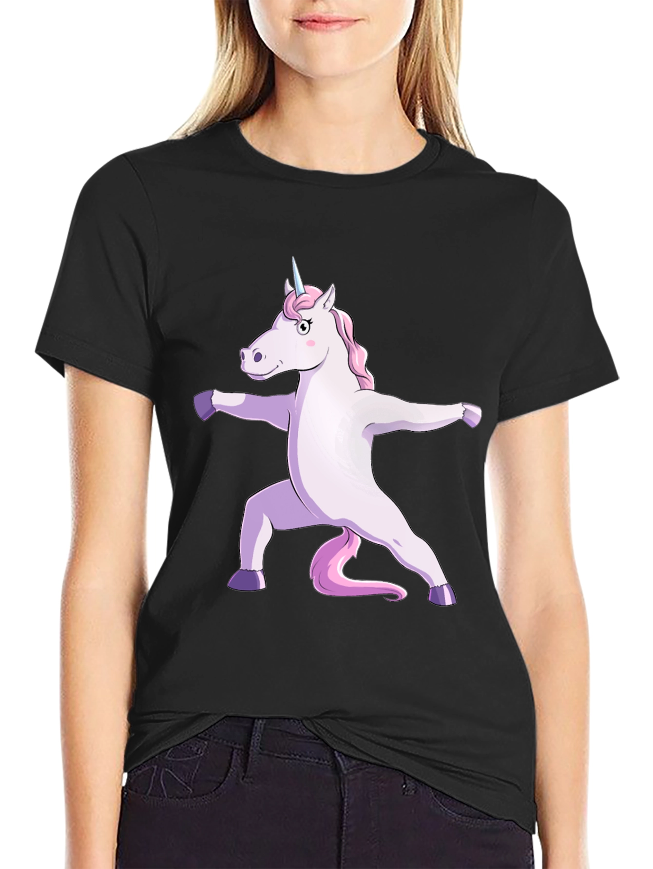Black Yoga Unicorn Graphic Tee - Black Cotton T-Shirt view 2