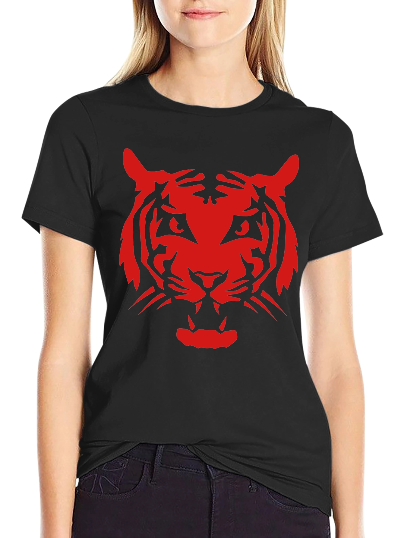 Black Bold Red Tiger Graphic Black T-Shirt view 2