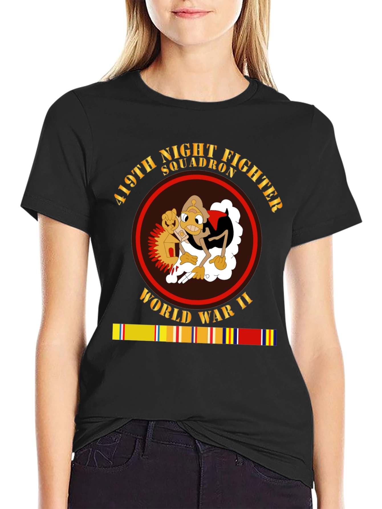 Black 419th Night Fighter Squadron WWII T-Shirt view 2