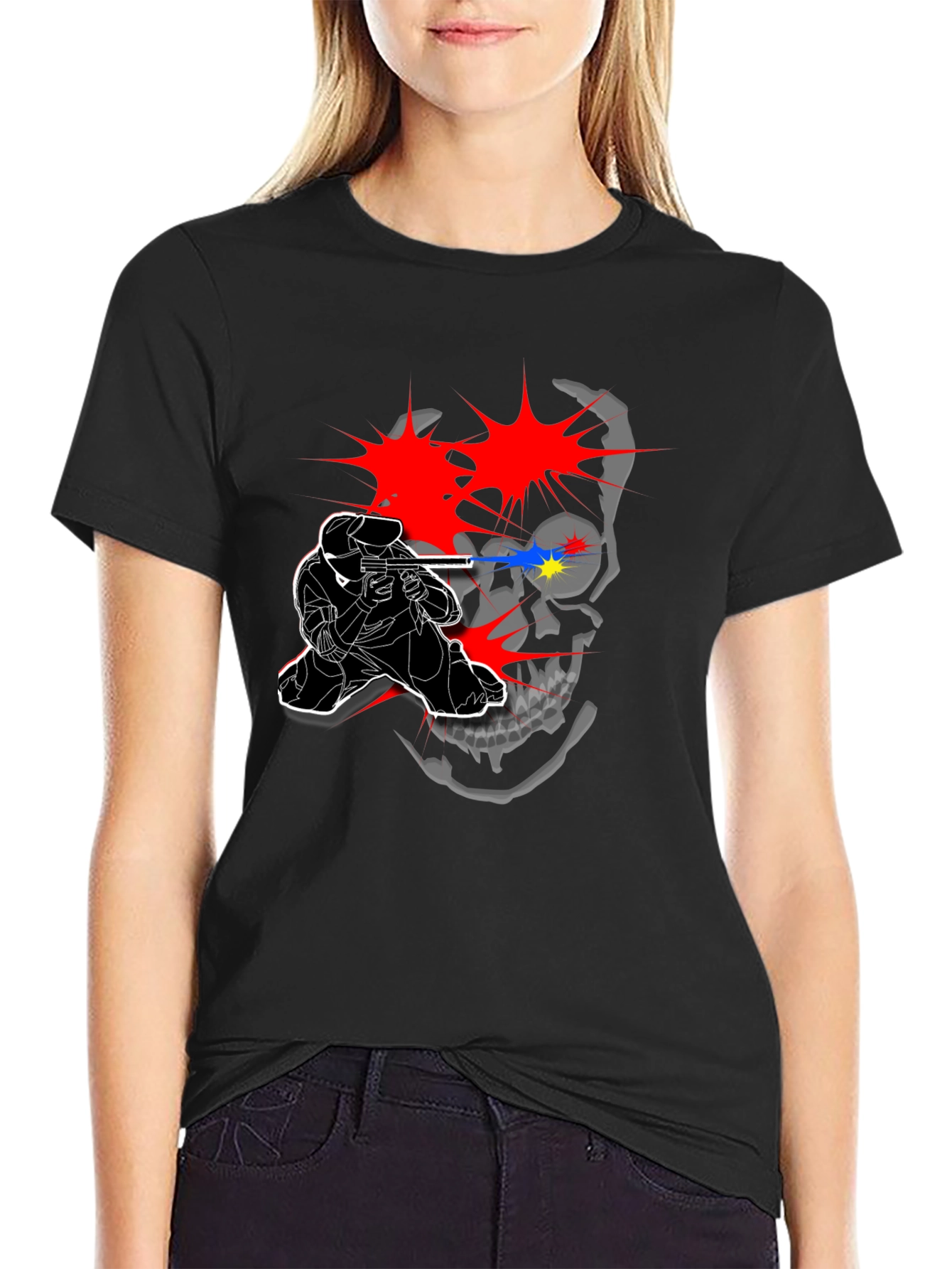 Black Skull Paintball T-Shirt - Black Cotton Graphic Tee view 2