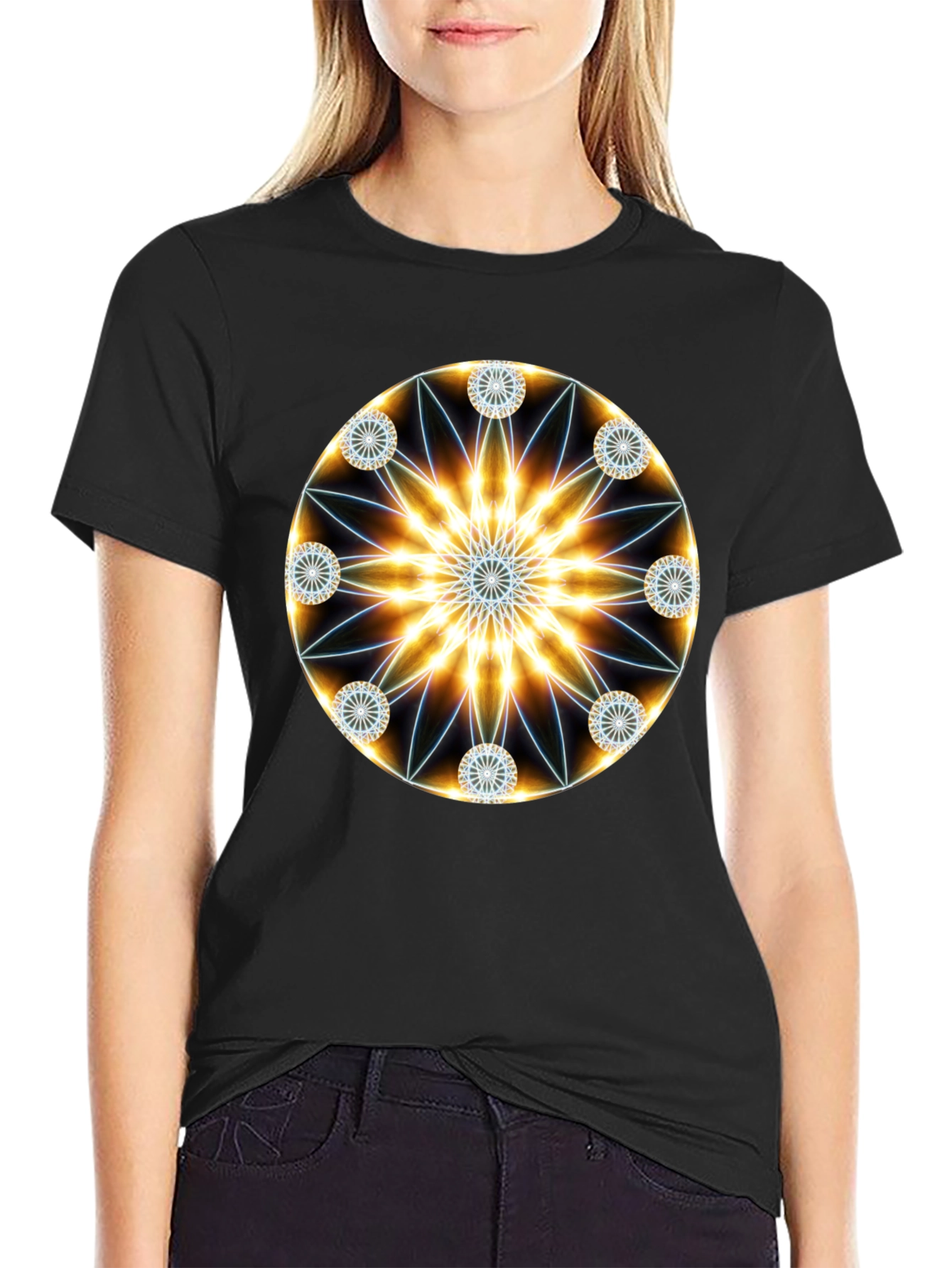 Black Geometric Mandala Black T-Shirt view 2