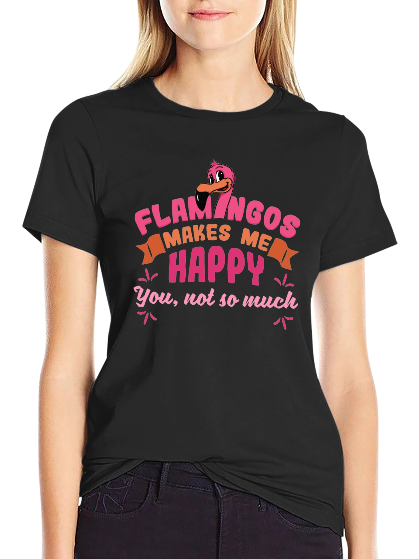 Black Funny Flamingo T-Shirt - Makes Me Happy view 2