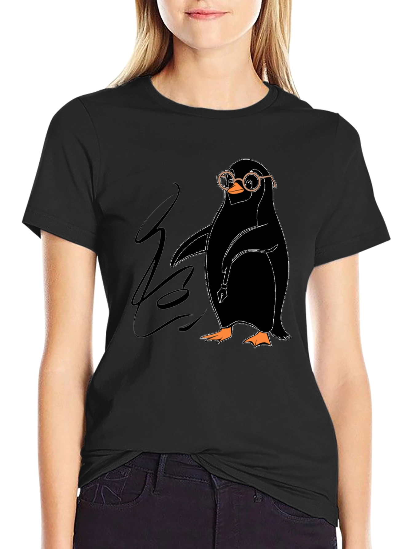 Black Penguin with Glasses Graphic Tee - Quirky Black T-Shirt view 2
