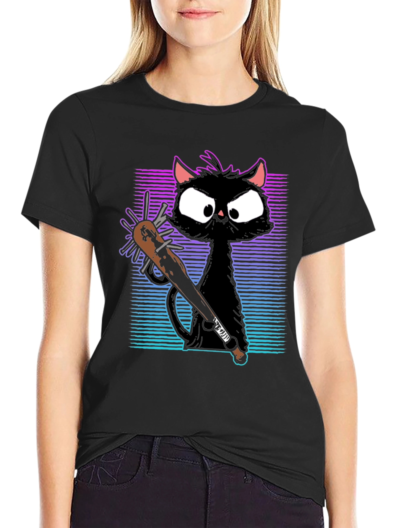 Black Gangster Cat T-Shirt with Spiked Bat - Black view 2