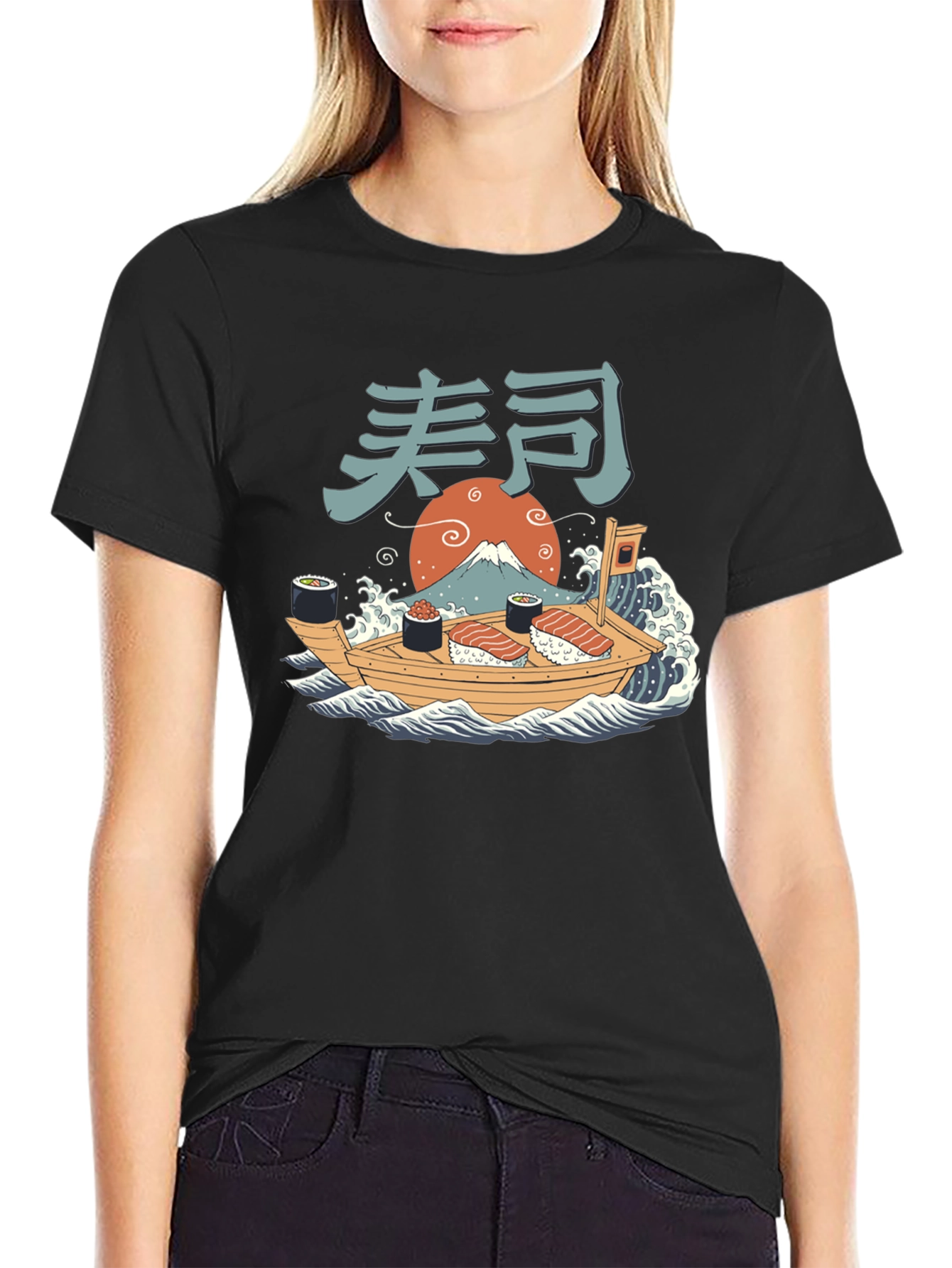 Black Sushi Boat T-Shirt - Japanese Art Tee view 2