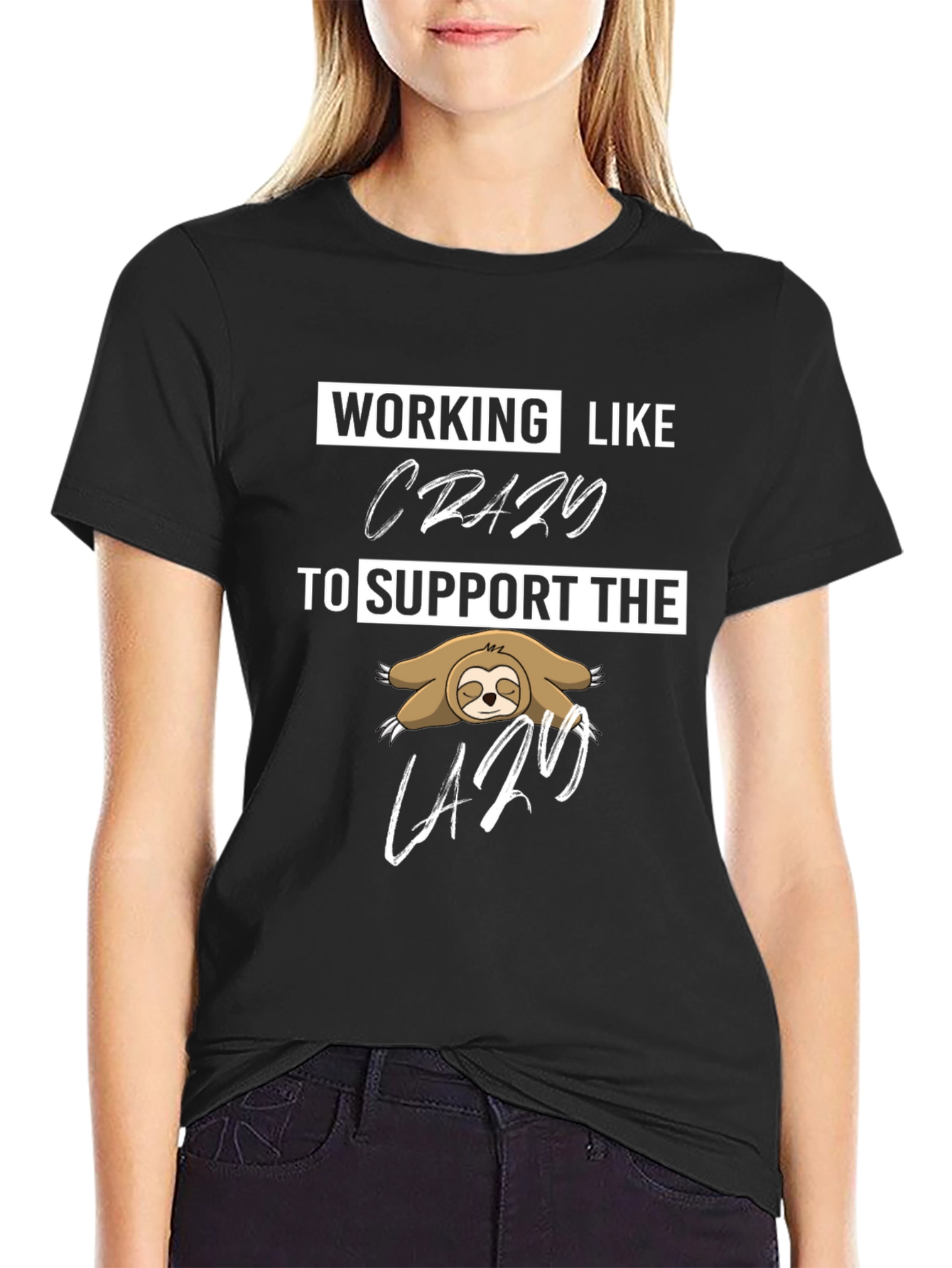 Black Working Like Crazy Sloth Graphic Tee view 2