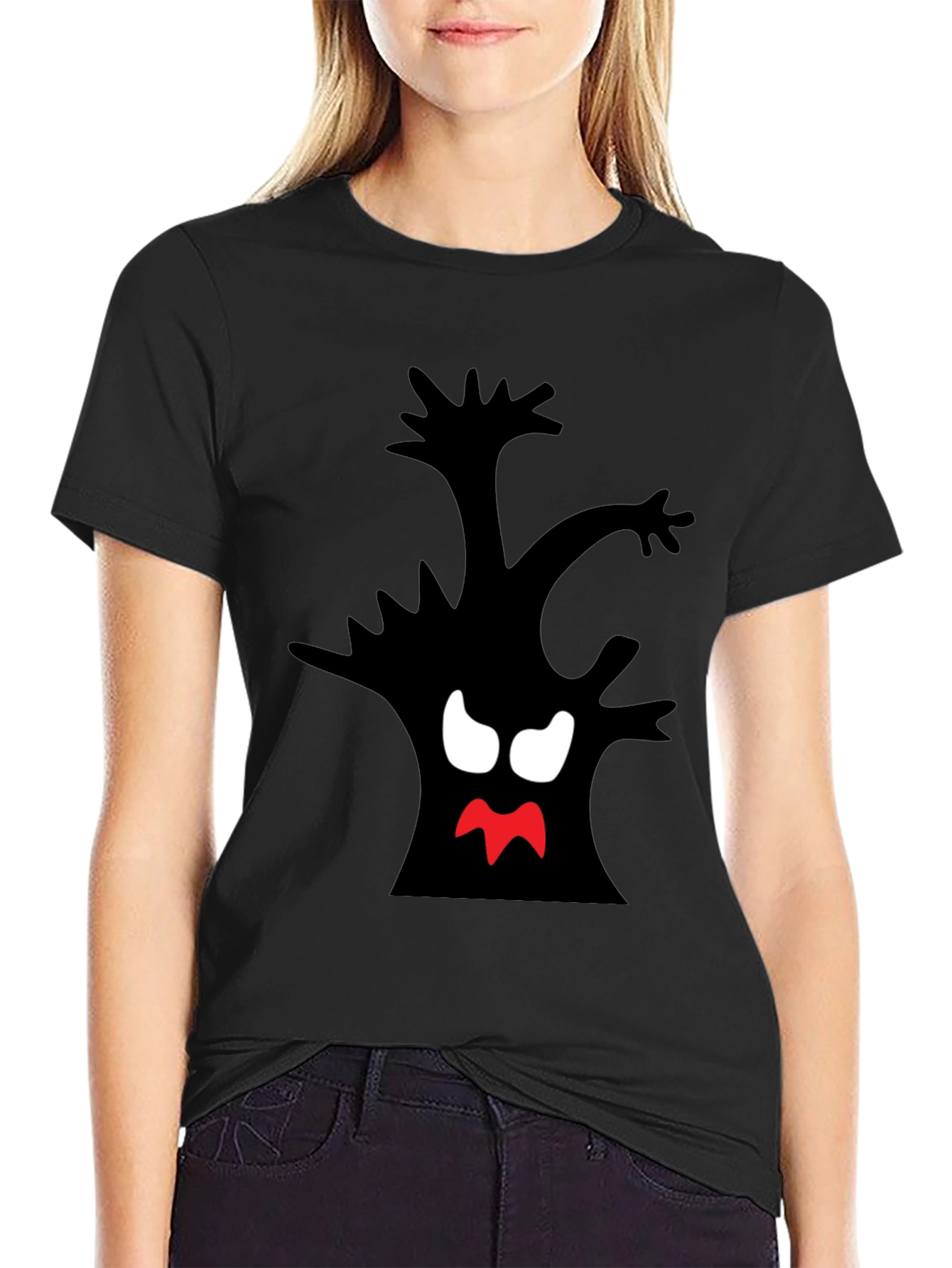 Black Spooky Tree Graphic Tee - Black Cotton T-Shirt view 2
