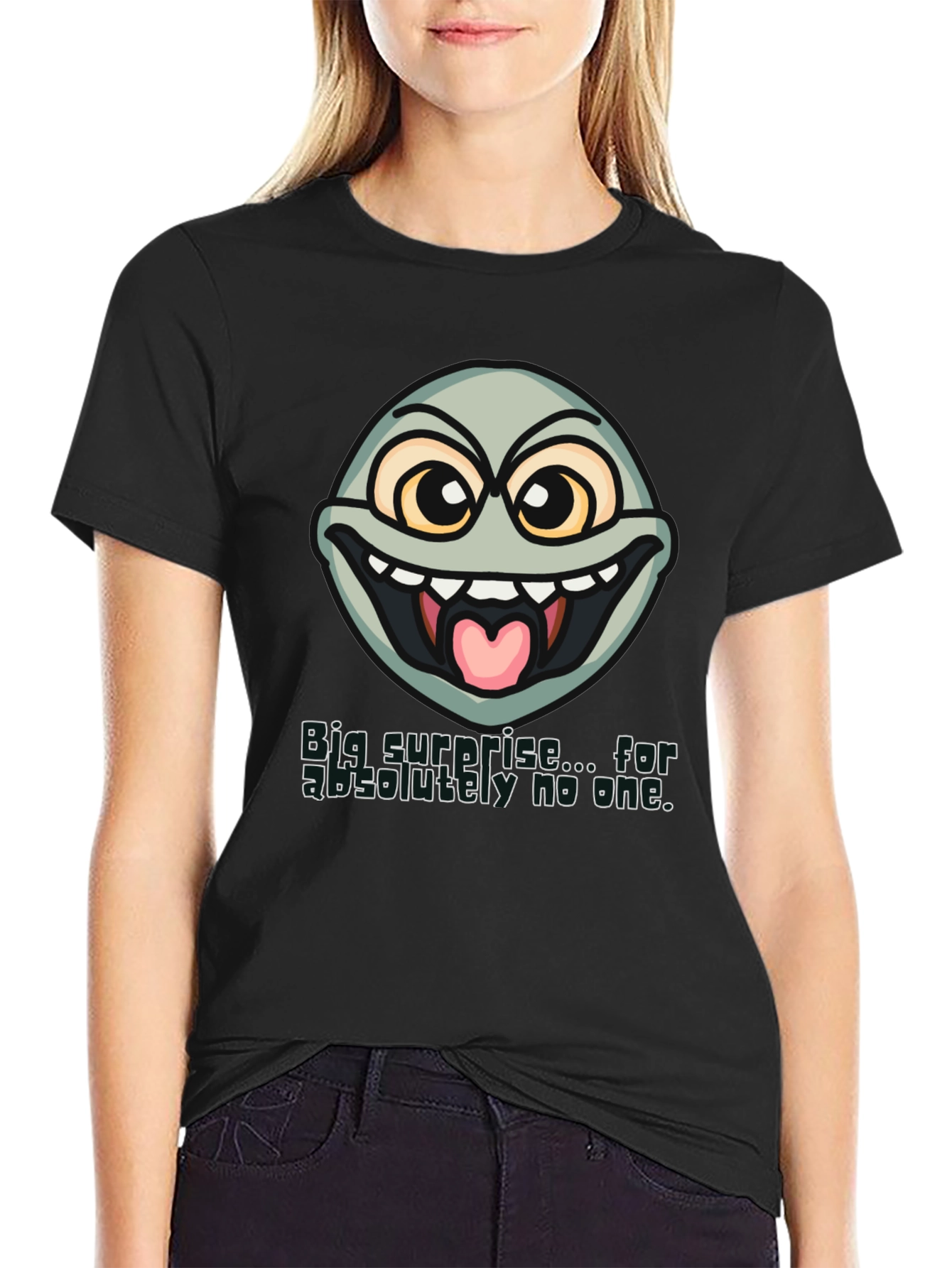 Black Funny Face T-Shirt - "Big Surprise..." Sarcastic Humor Tee view 2
