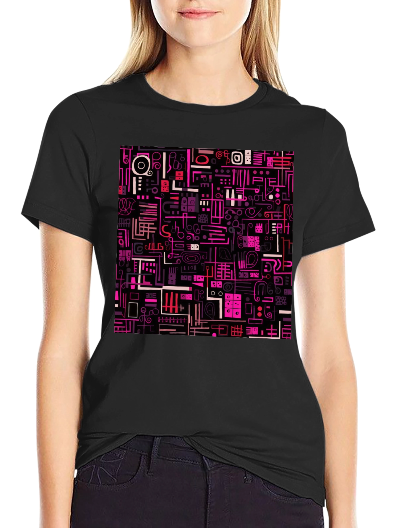 Black Abstract Pattern Print Black T-Shirt view 2