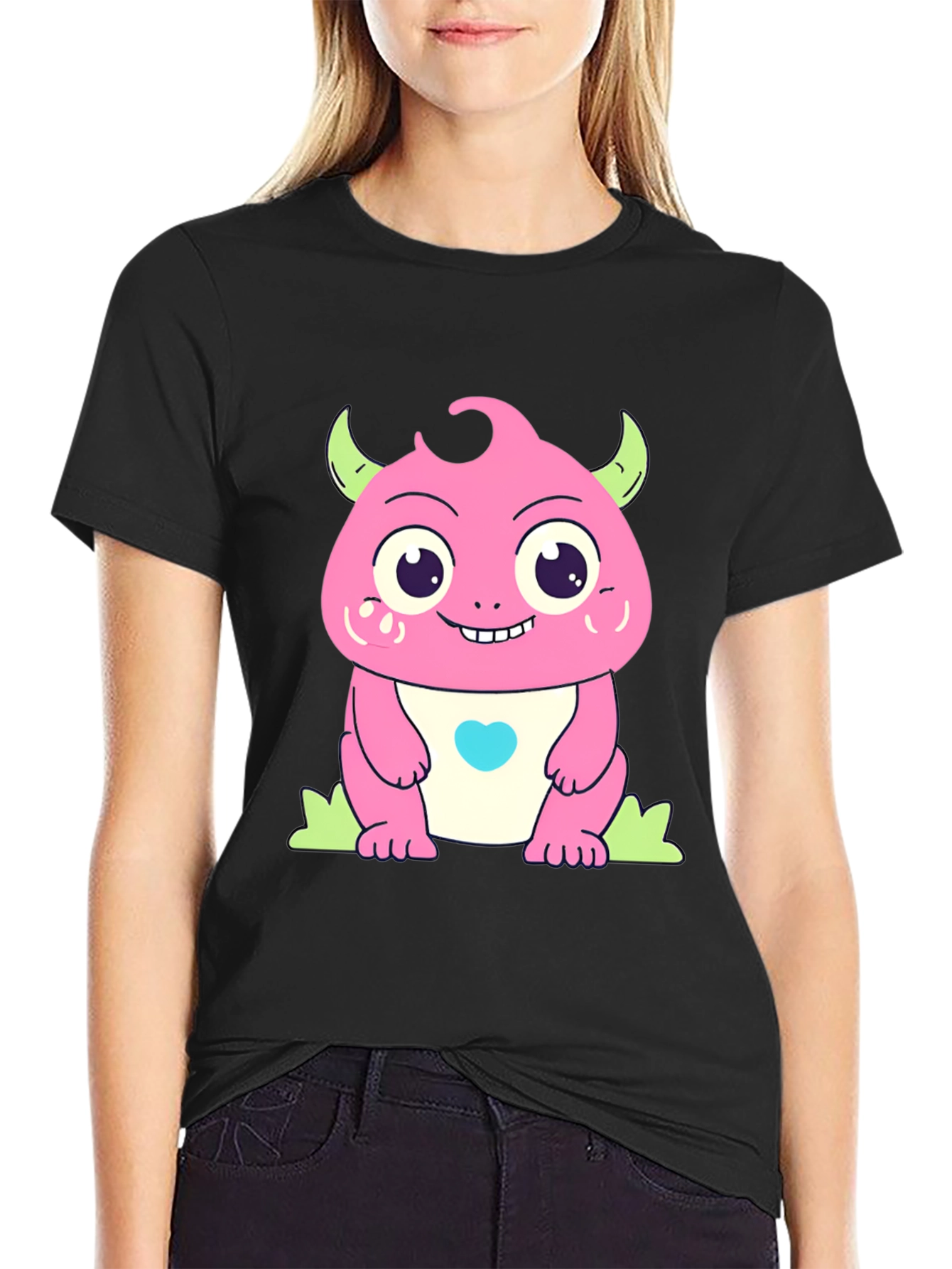 Black Cute Cartoon Monster Graphic Black T-Shirt view 2
