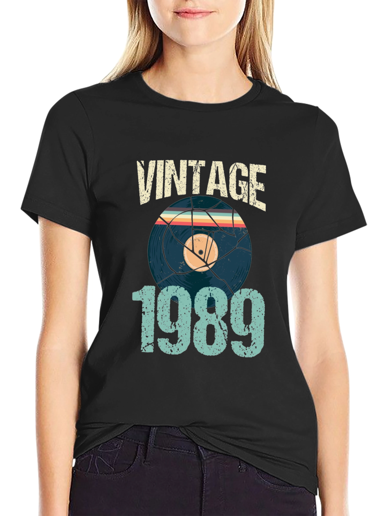 Black Vintage 1989 Vinyl Record T-Shirt view 2