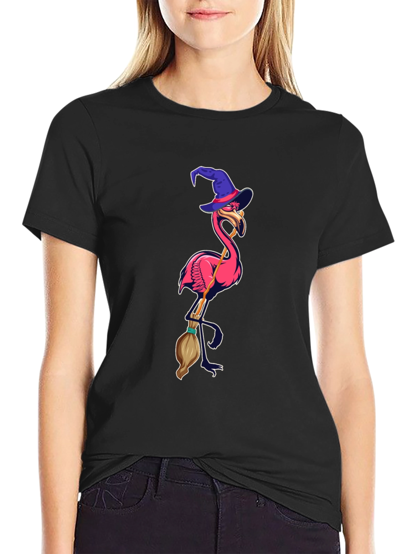 Black Witch Flamingo Graphic Tee - Black Cotton T-Shirt view 2