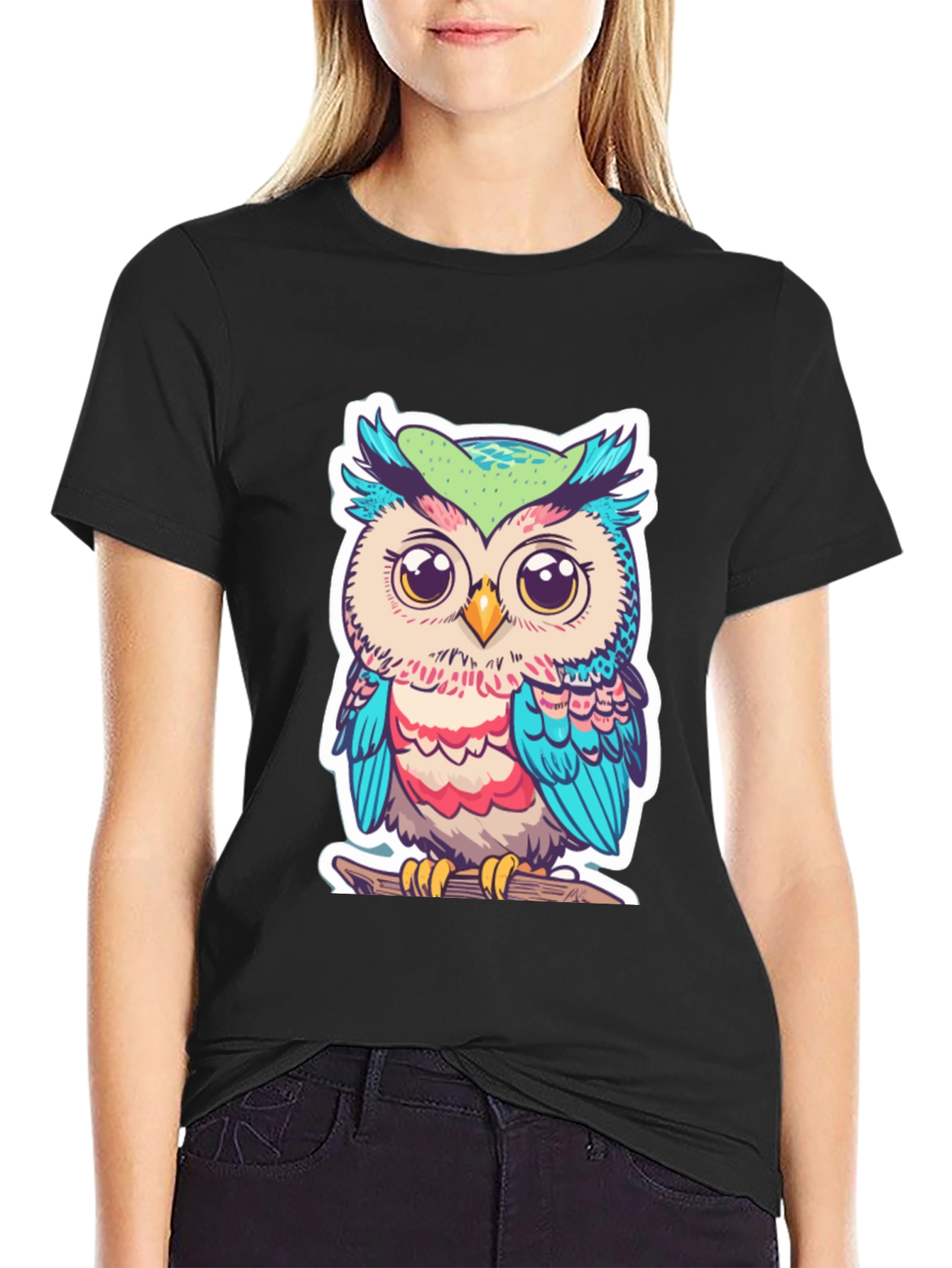 Black Cute Owl Graphic T-Shirt - Black Cotton Tee view 2
