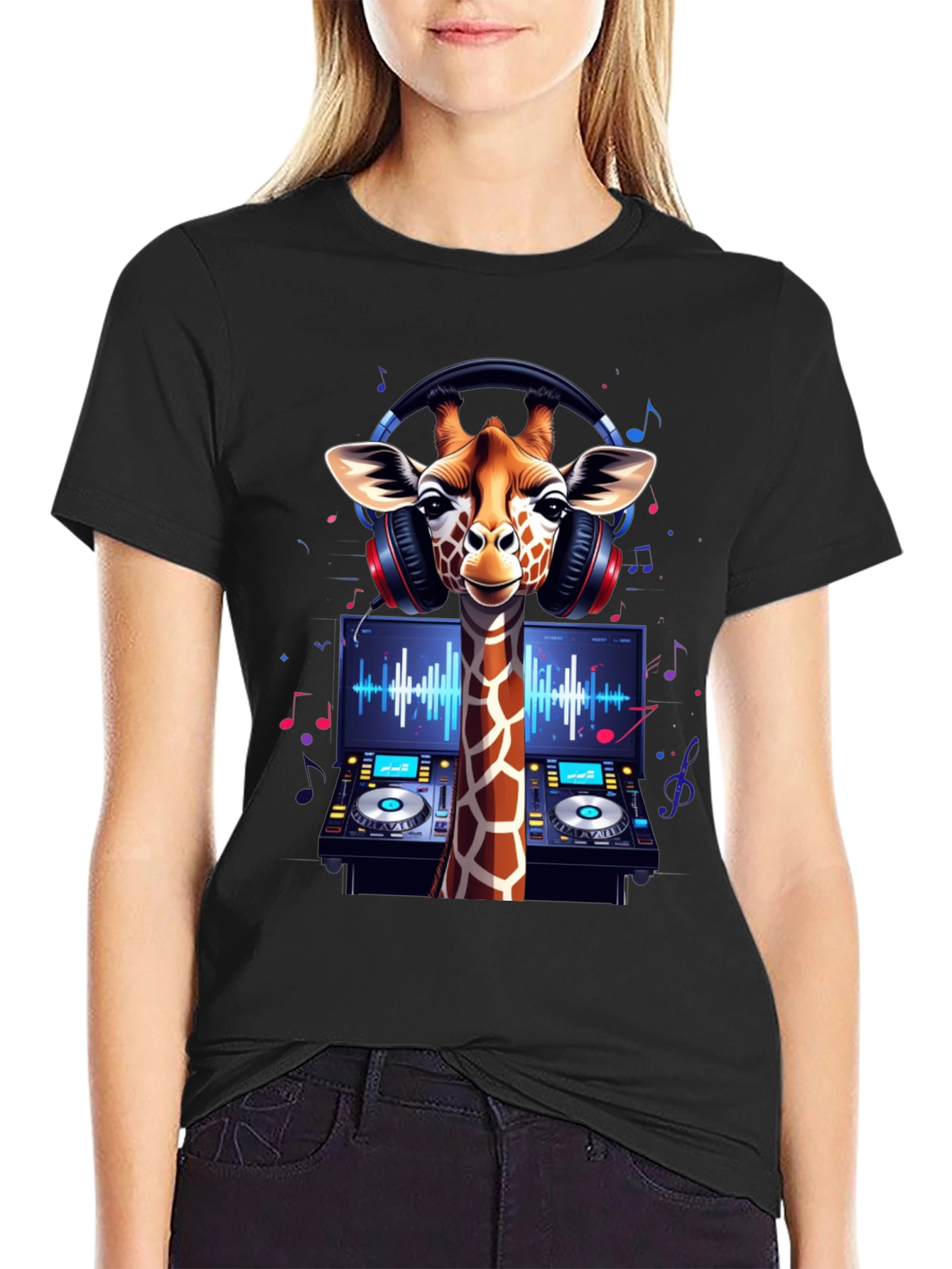 Black DJ Giraffe Graphic Tee - Music Lover's T-Shirt view 2
