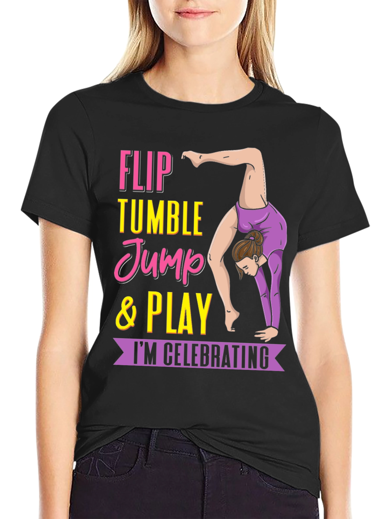 Black Gymnastics T-Shirt - Flip, Tumble, Jump & Play Tee view 2