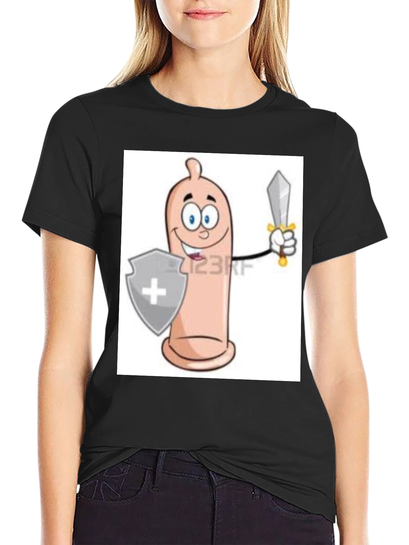 Black Funny Condom Cartoon Graphic Tee view 2