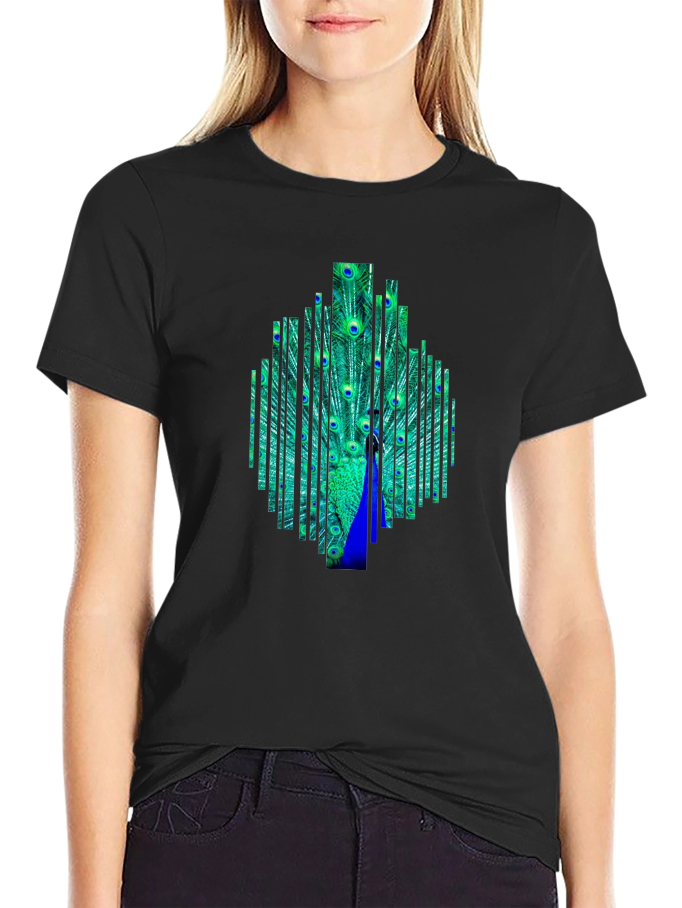 Black Peacock Feather Graphic Black T-Shirt view 2