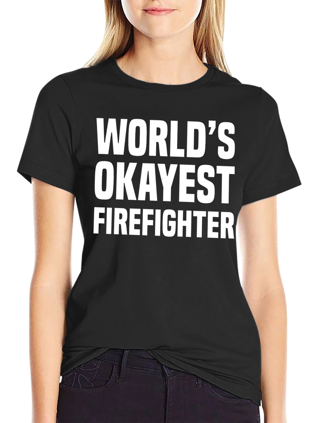 Black World's Okayest Firefighter Black T-Shirt view 2