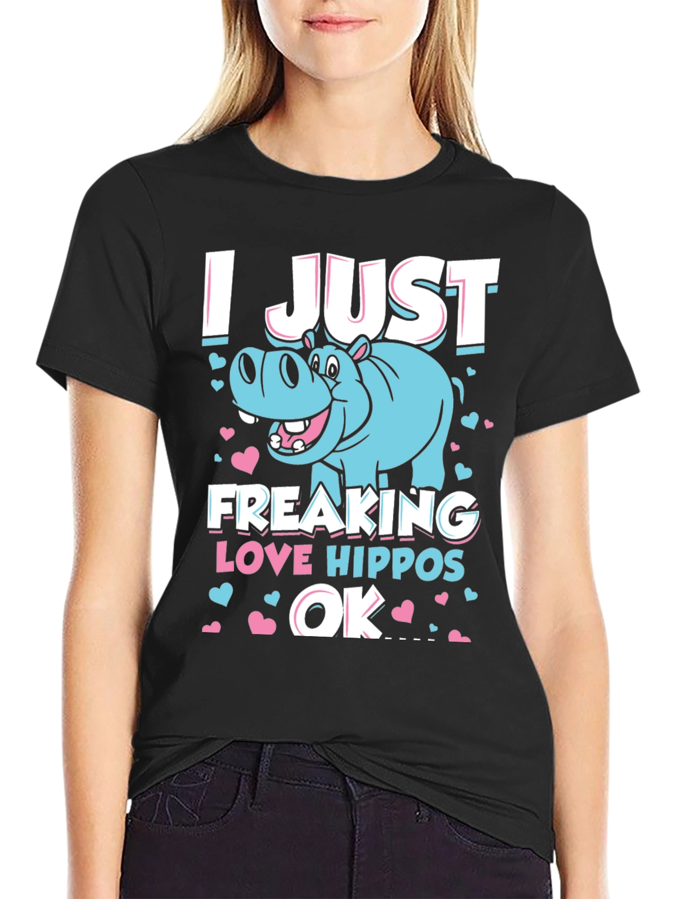 Black I Just Freaking Love Hippos OK T-Shirt view 2