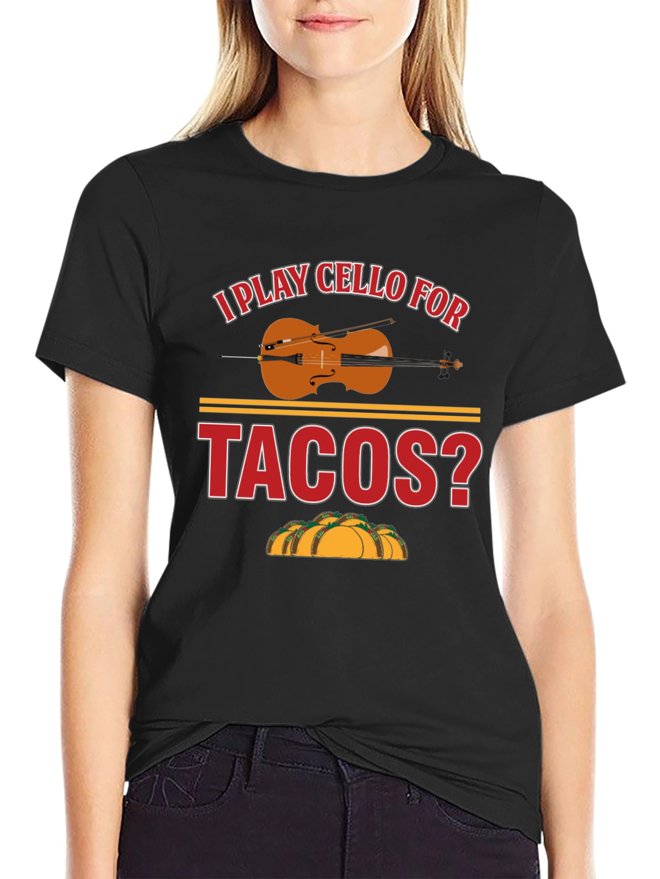 Black I Play Cello For Tacos? Graphic T-Shirt view 2