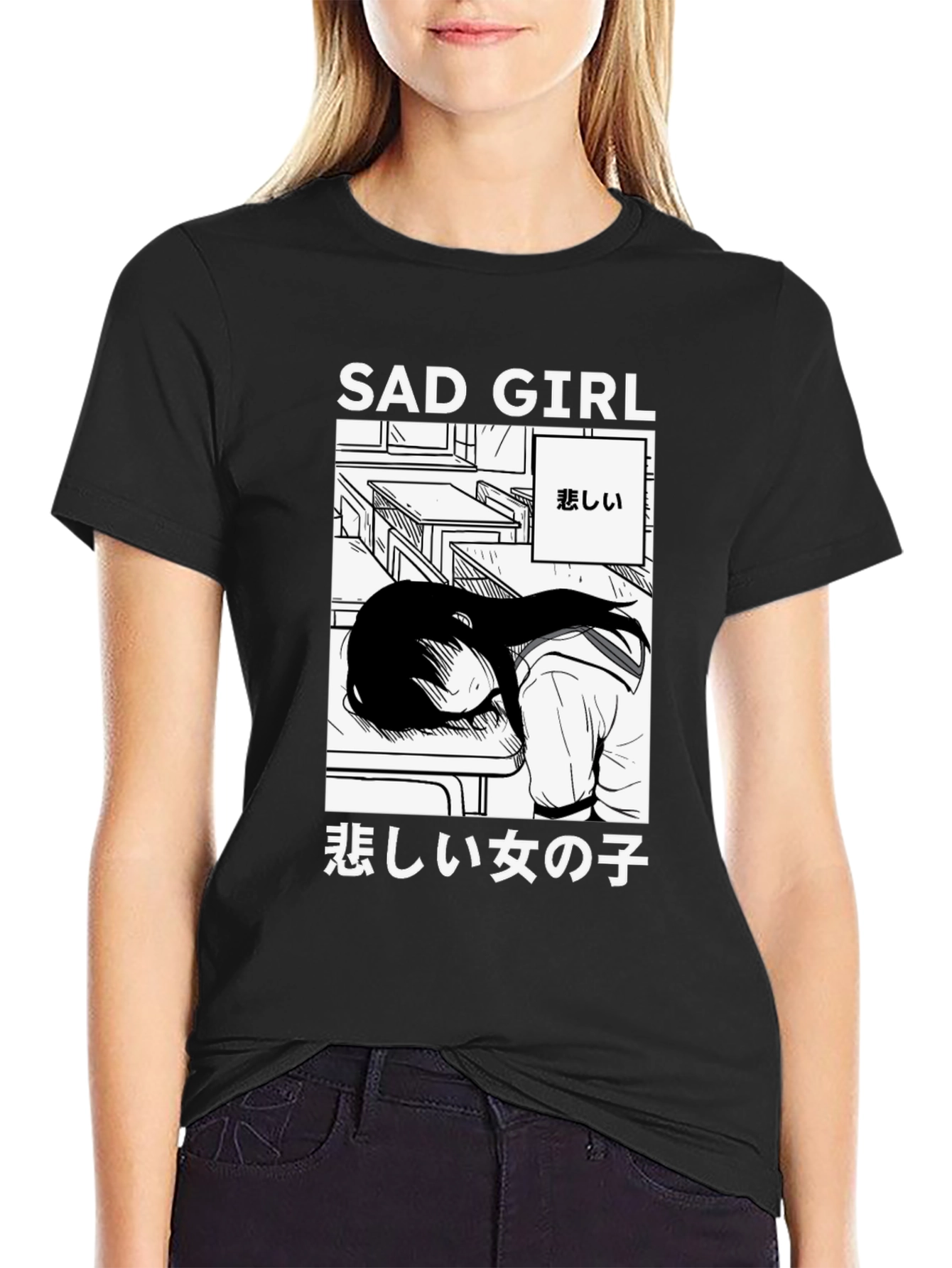 Black Sad Girl Anime Graphic T-Shirt - Unisex view 2