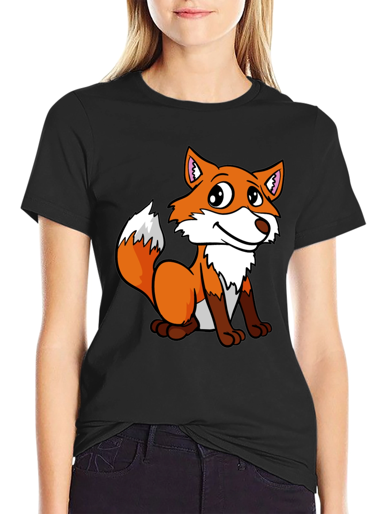 Black Cute Fox Graphic Tee - Unisex Black T-Shirt view 2