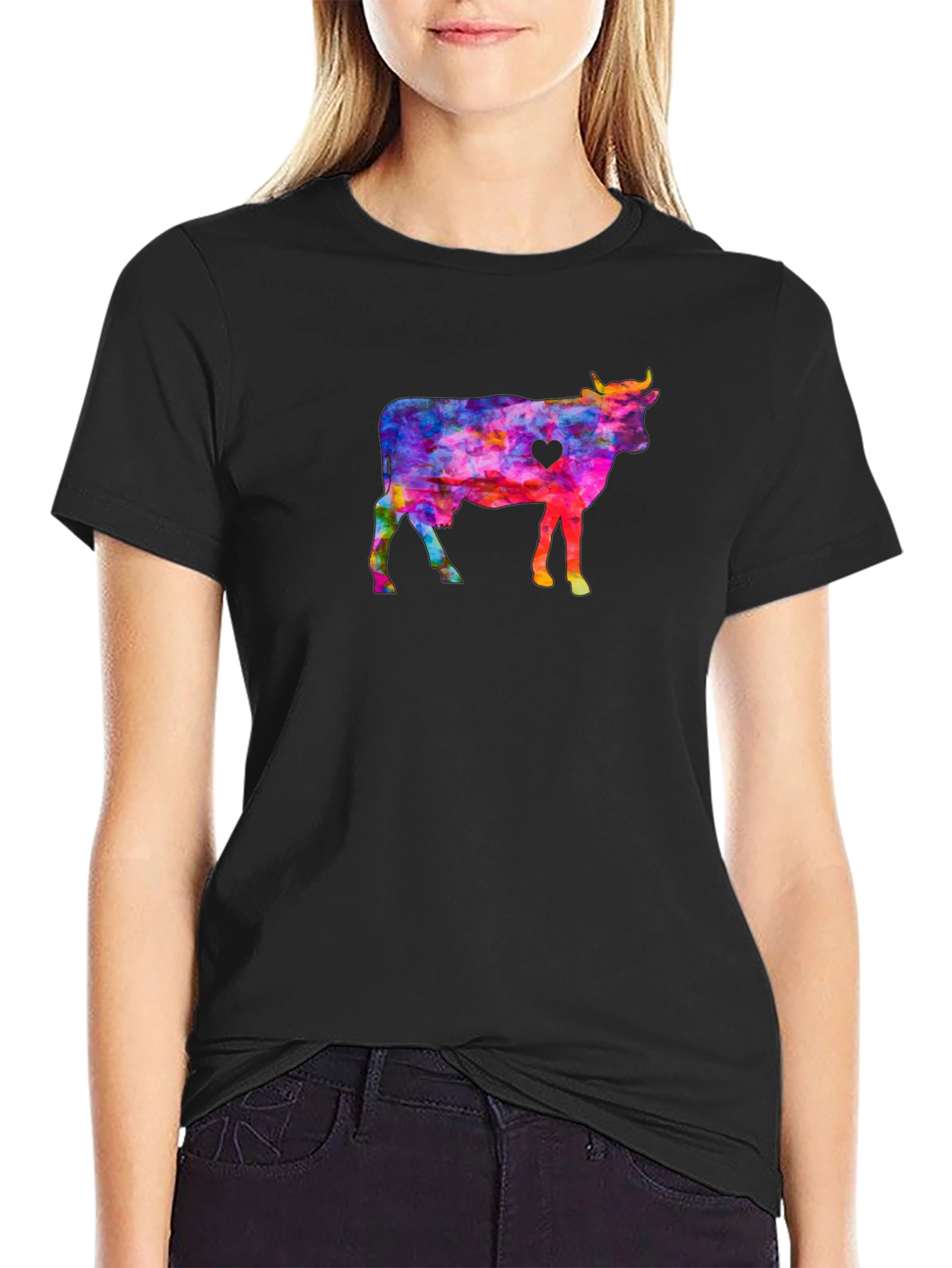 Black Colorful Cow Graphic Tee view 2