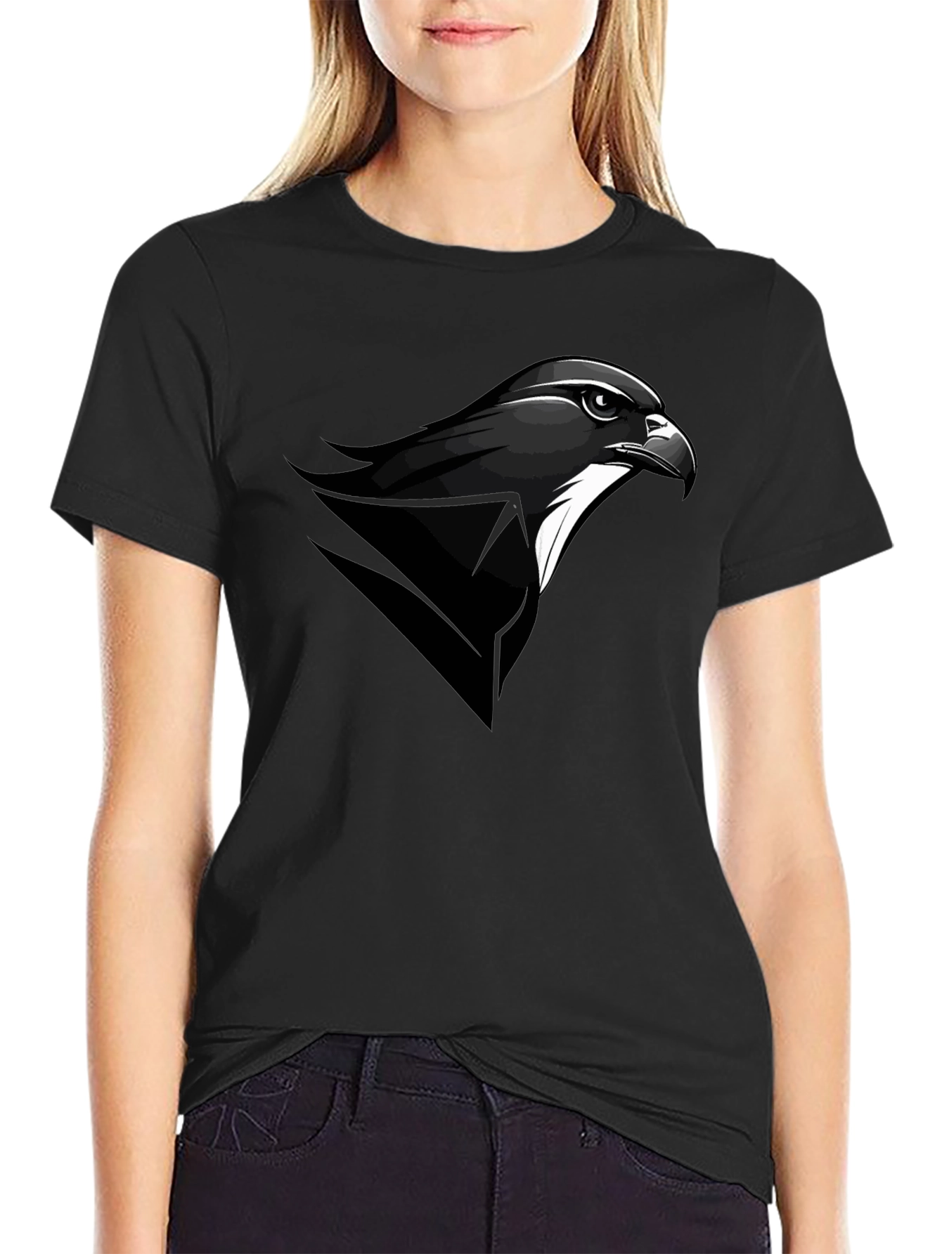 Black Men's Black T-Shirt with Falcon Graphic Tee view 2